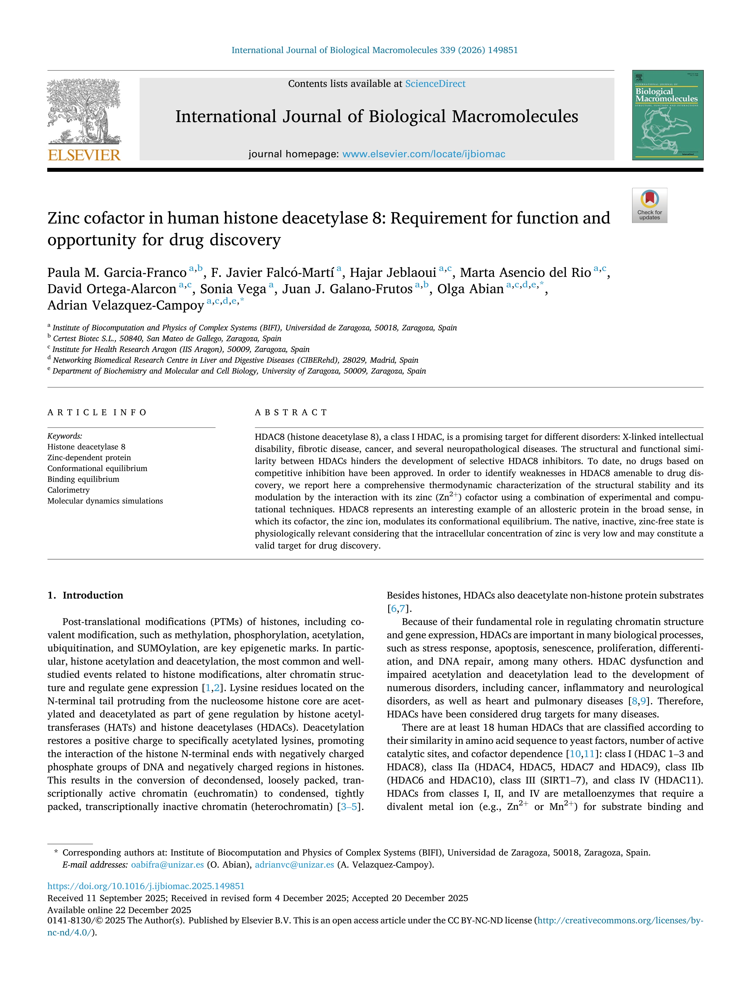 Zinc cofactor in human histone deacetylase 8: Requirement for function and opportunity for drug discovery