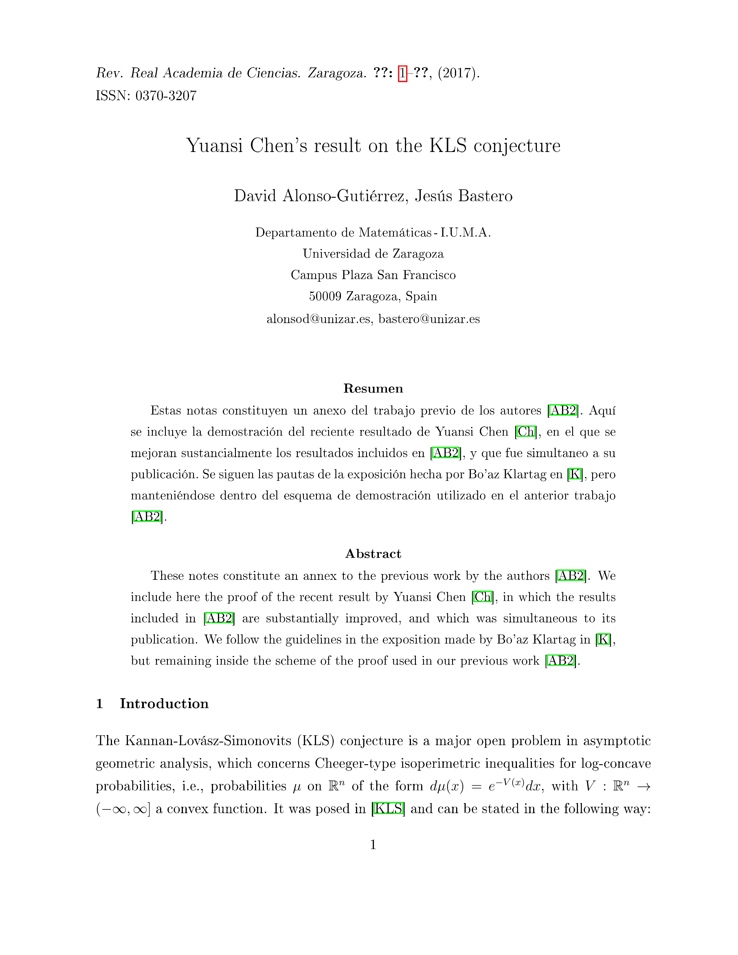 Yuansi Chen’s result on the KLS conjecture