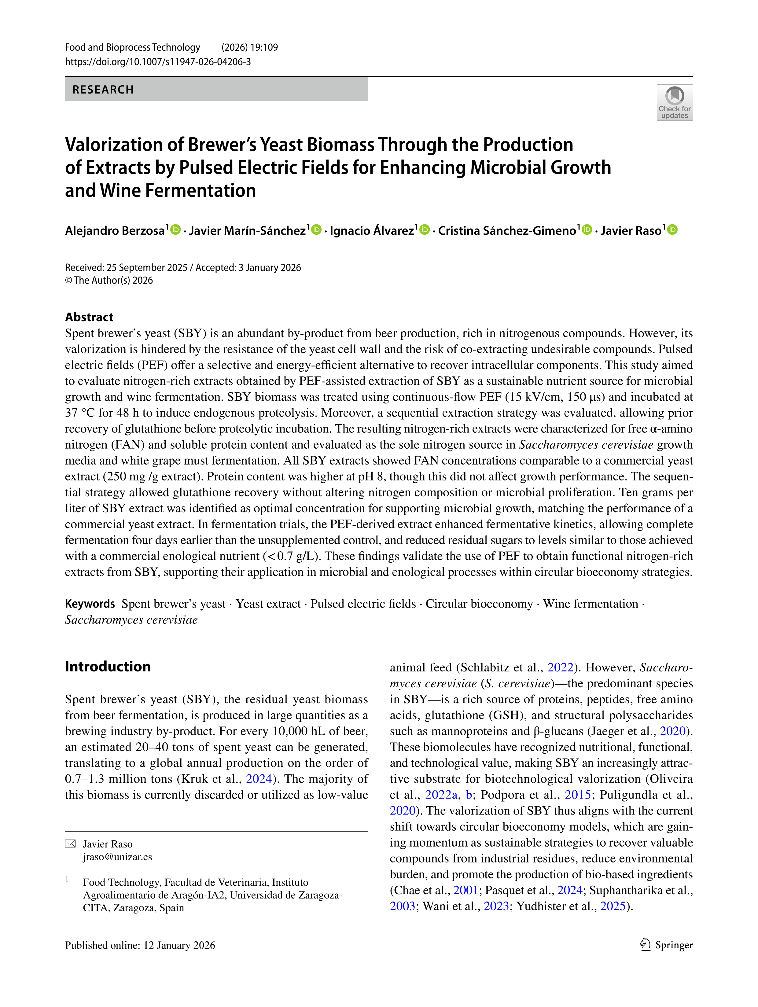 Valorization of brewer’s yeast biomass through the production of extracts by pulsed electric fields for enhancing microbial growth and wine fermentation