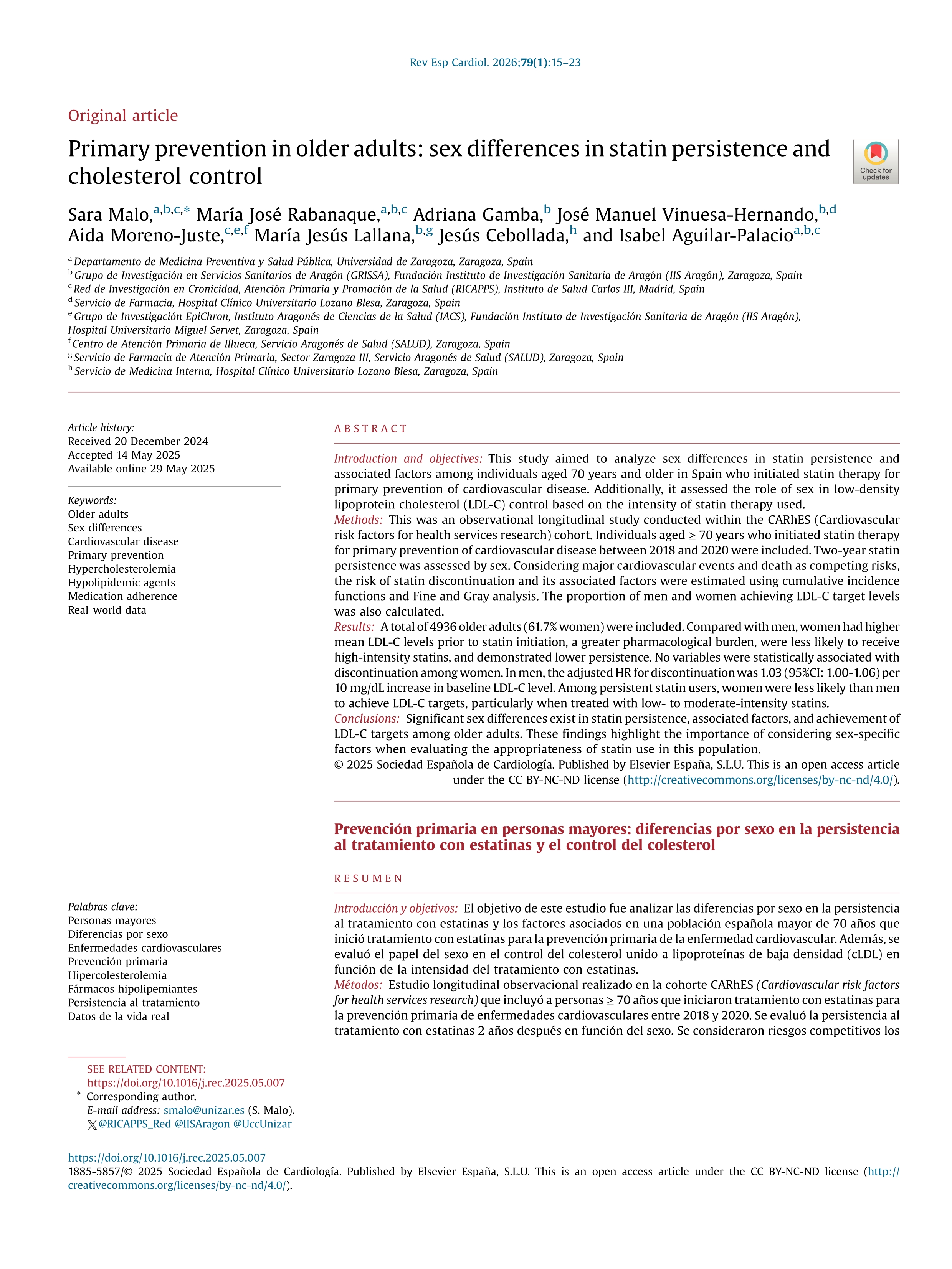 Primary prevention in older adults: sex differences in statin persistence and cholesterol control