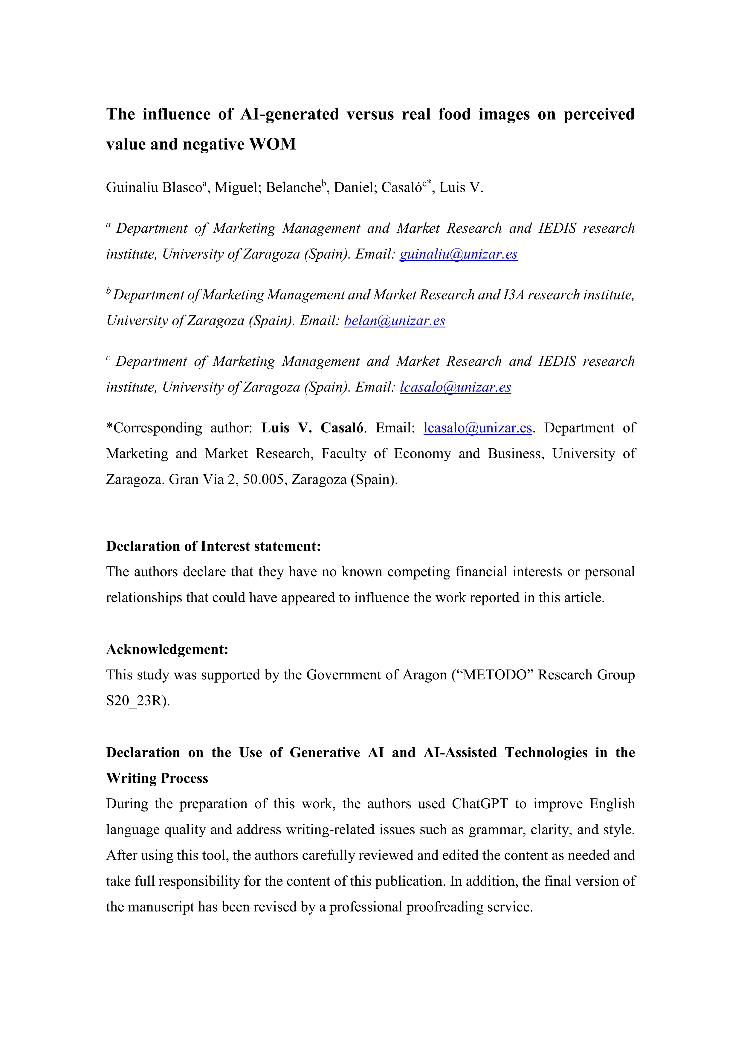 The influence of AI-generated versus real food images on perceived value and negative WOM