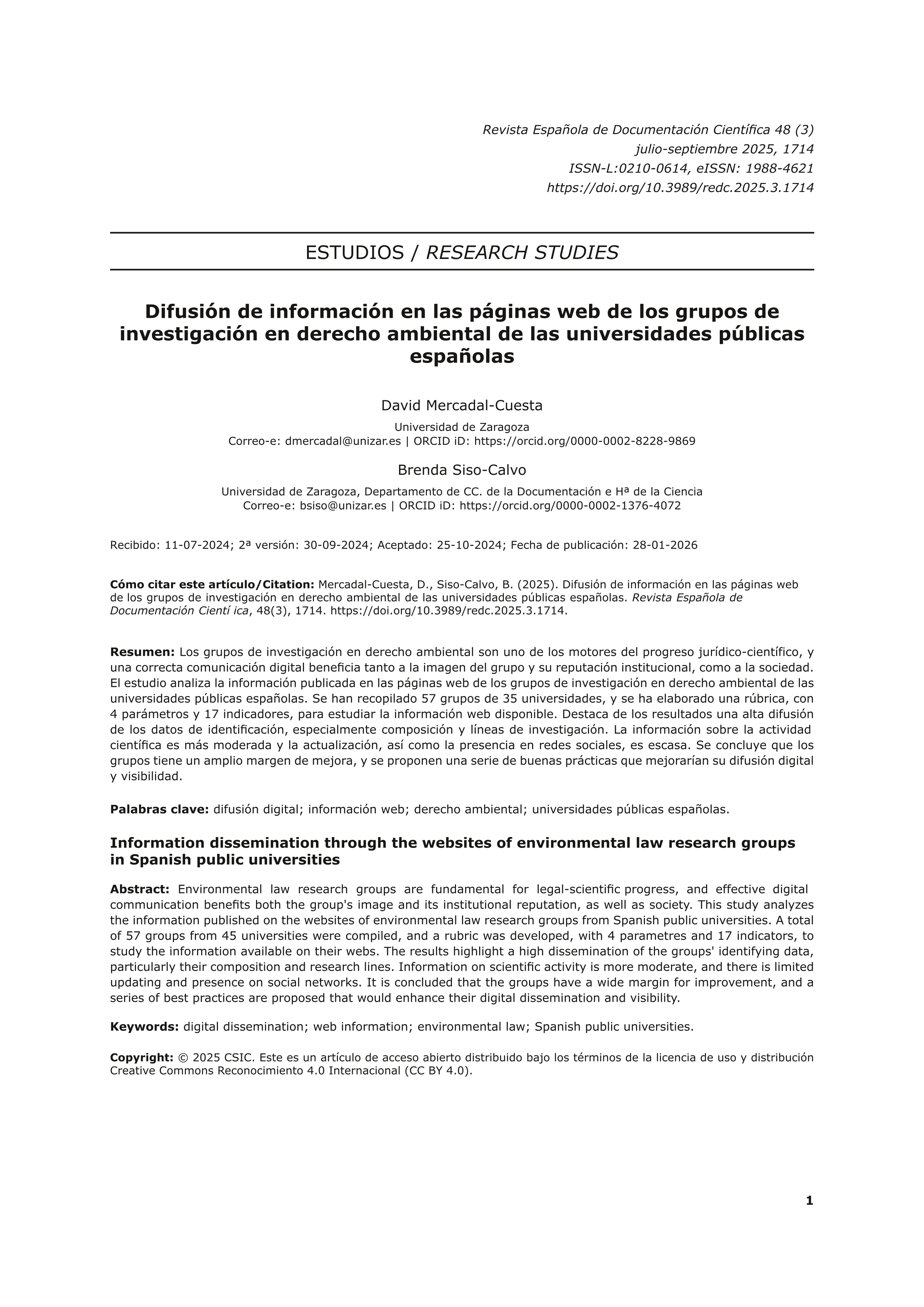 Difusión de información en las páginas web de los grupos de investigación en derecho ambiental de las universidades públicas españolas