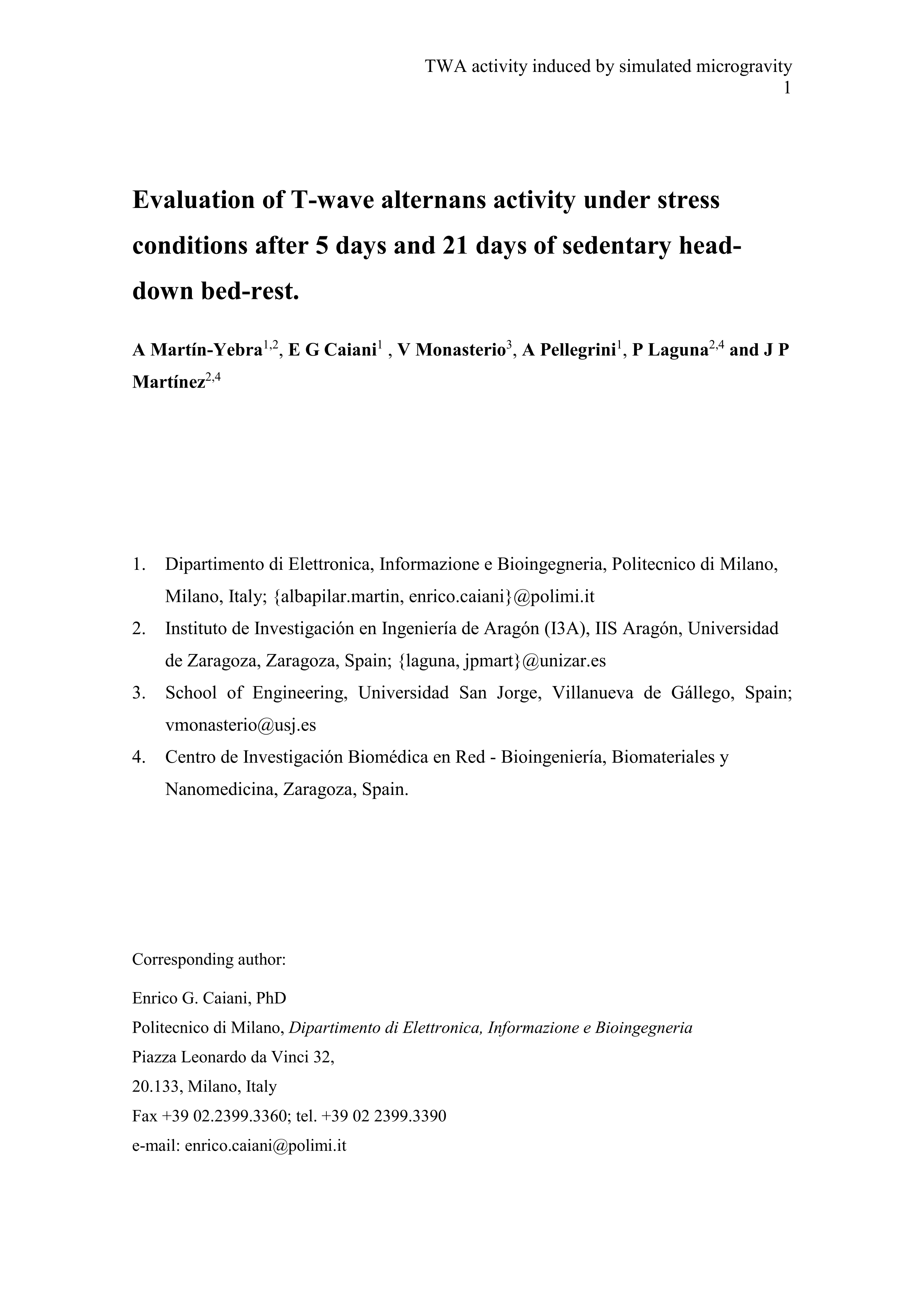 Evaluation of T-wave alternans activity under stress conditions after 5 d and 21 d of sedentary head-down bed rest