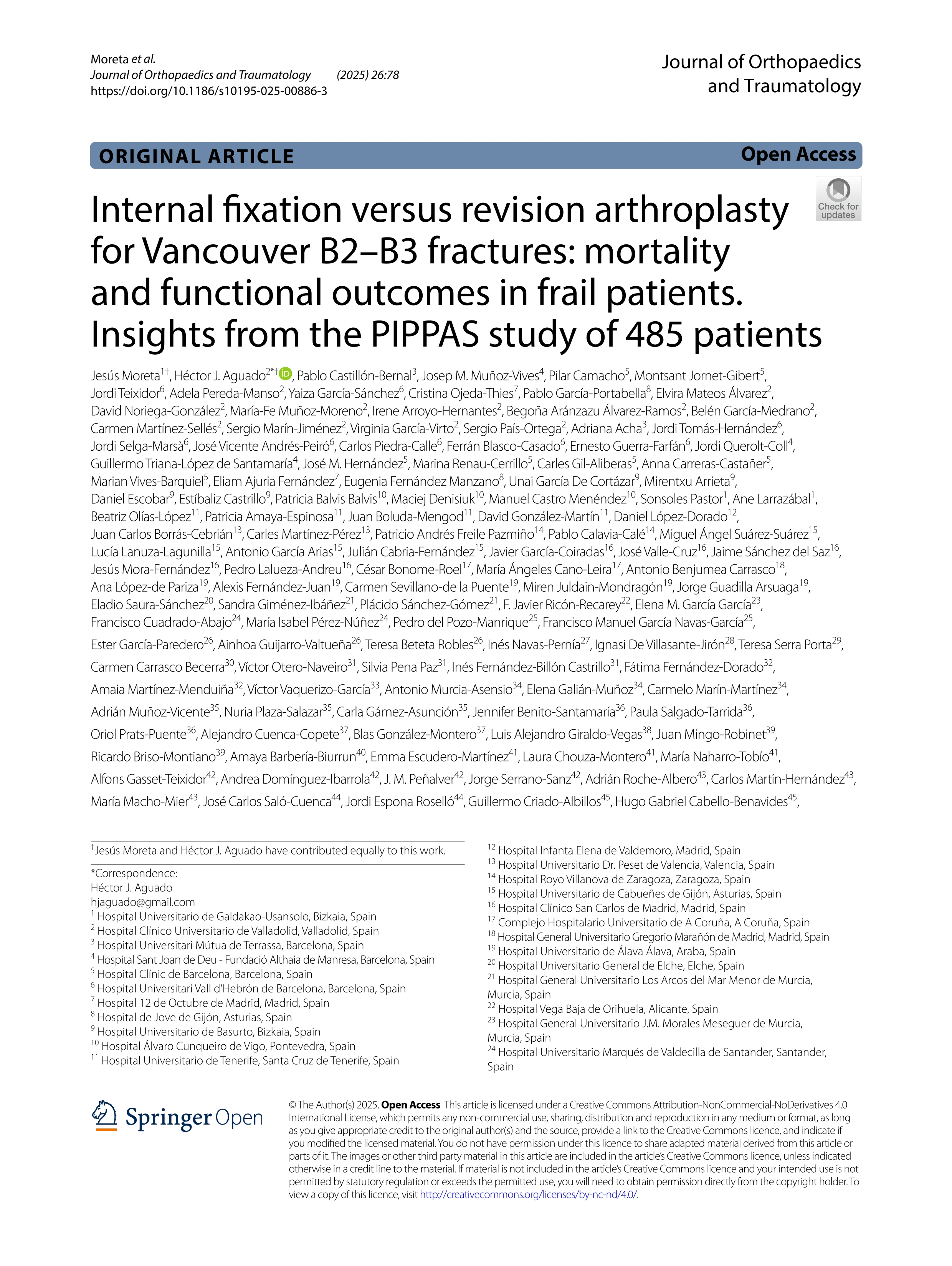 Internal fixation versus revision arthroplasty for Vancouver B2–B3 fractures: mortality and functional outcomes in frail patients. Insights from the PIPPAS study of 485 patients