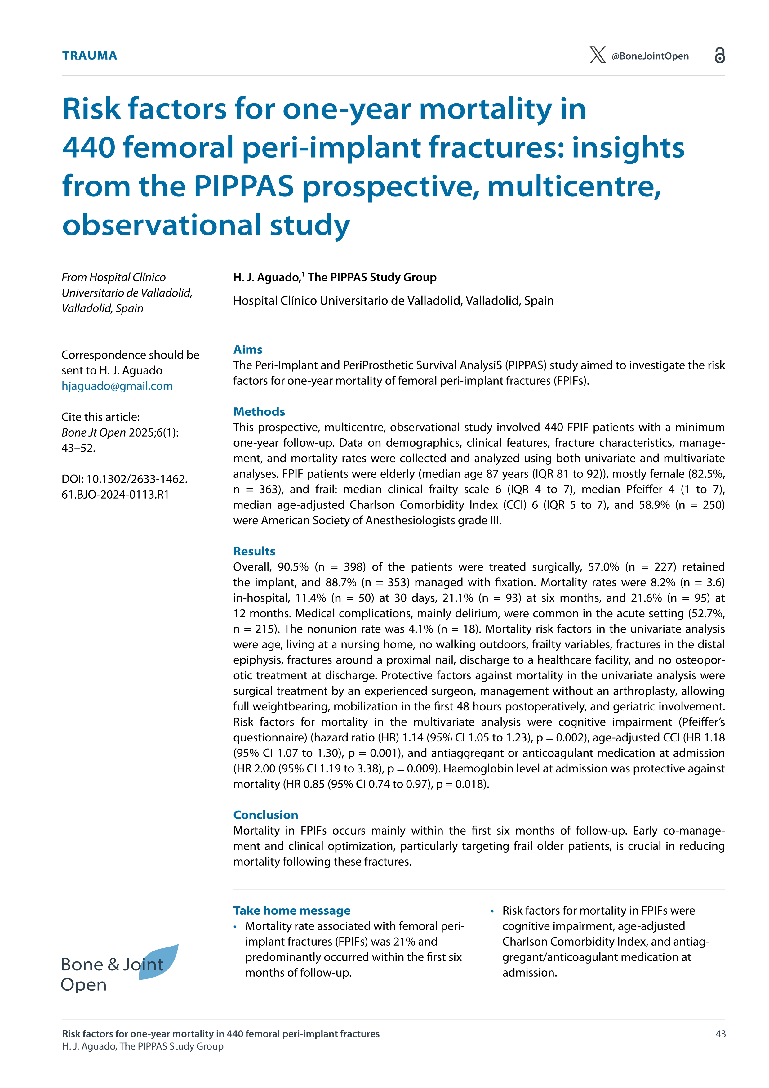Risk factors for one-year mortality in 440 femoral peri-implant fractures: insights from the PIPPAS prospective, multicentre, observational study