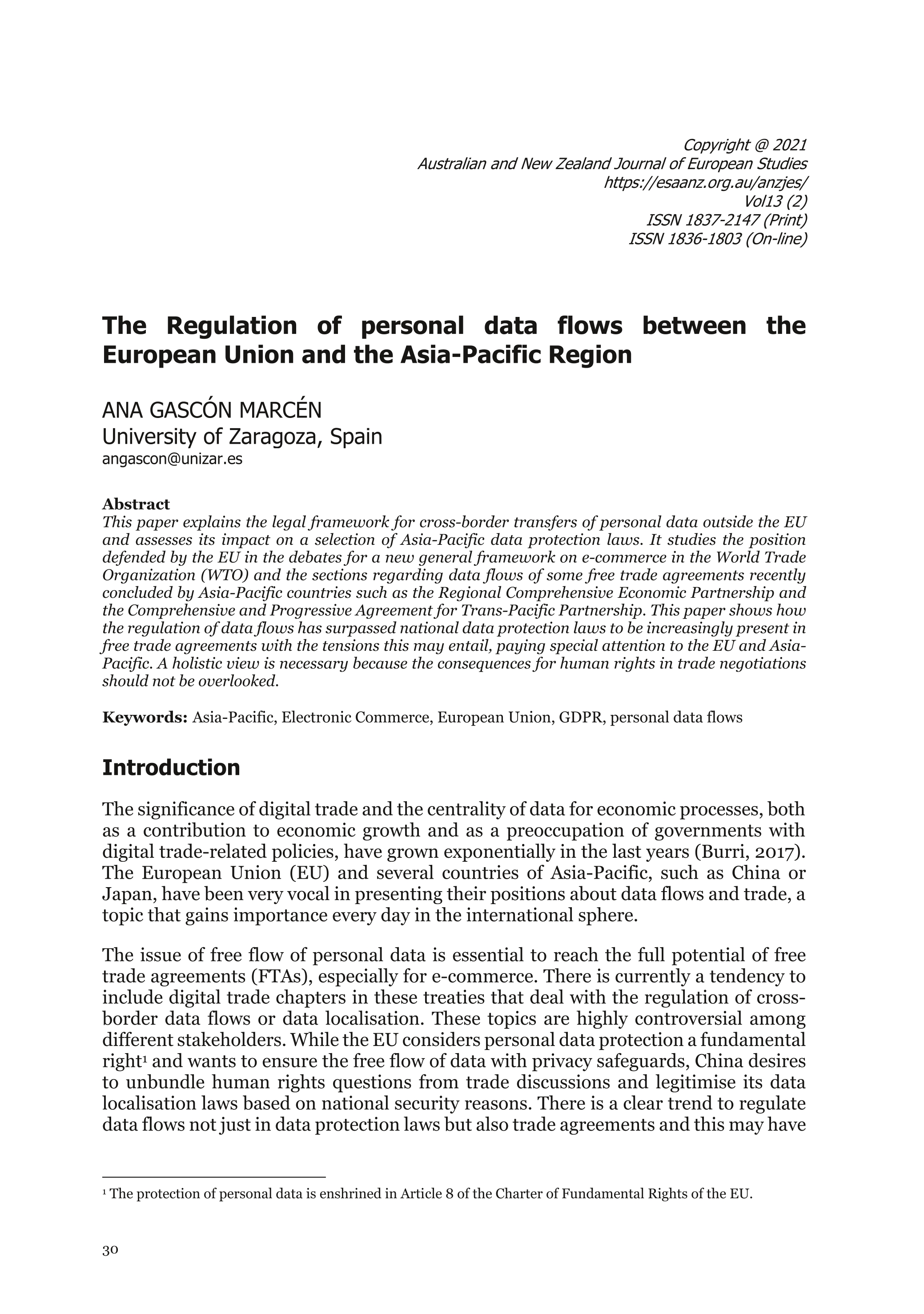 The Regulation of personal data flows between the European Union and the Asia-Pacific Region