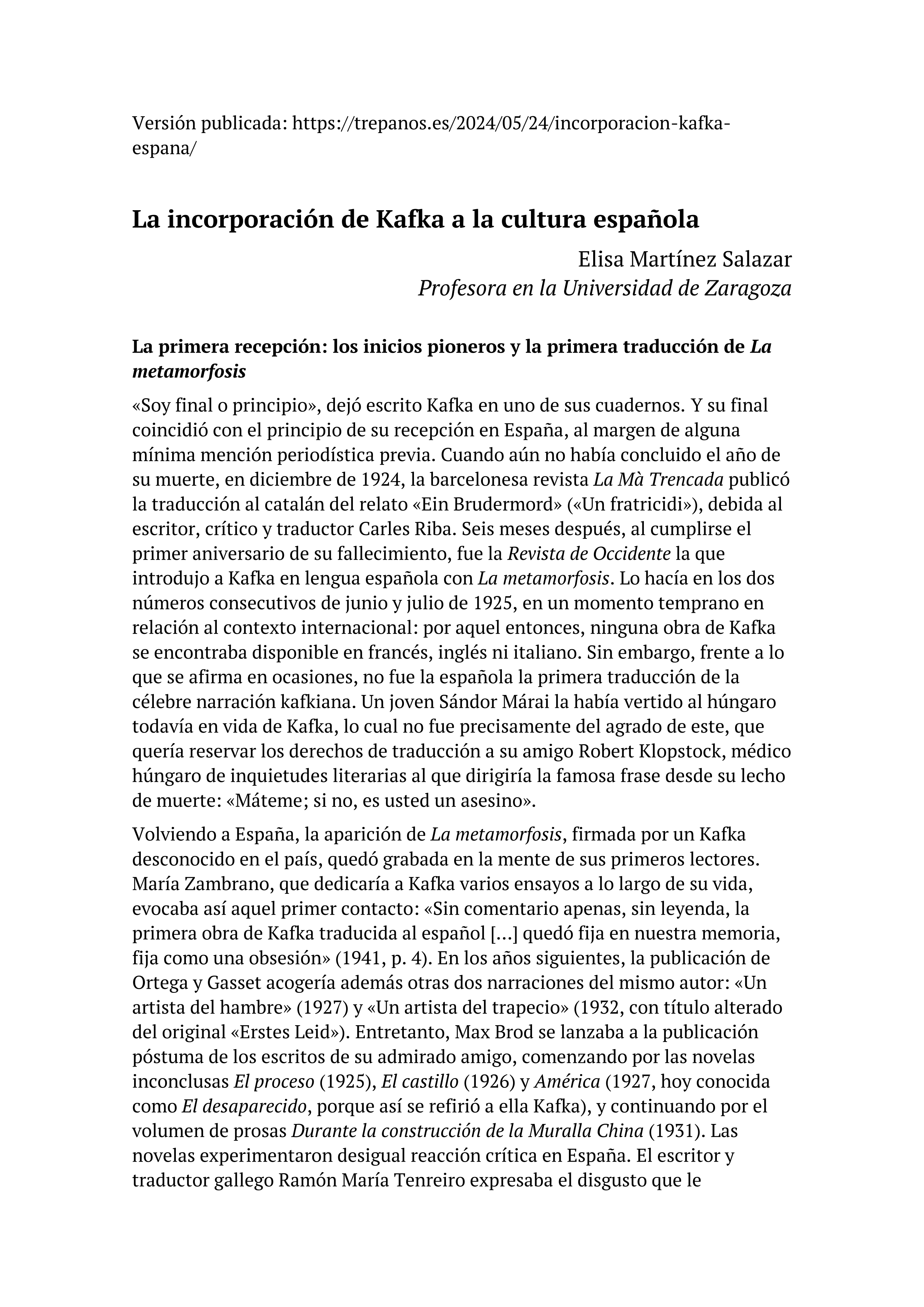 La incorporación de Kafka a la cultura española