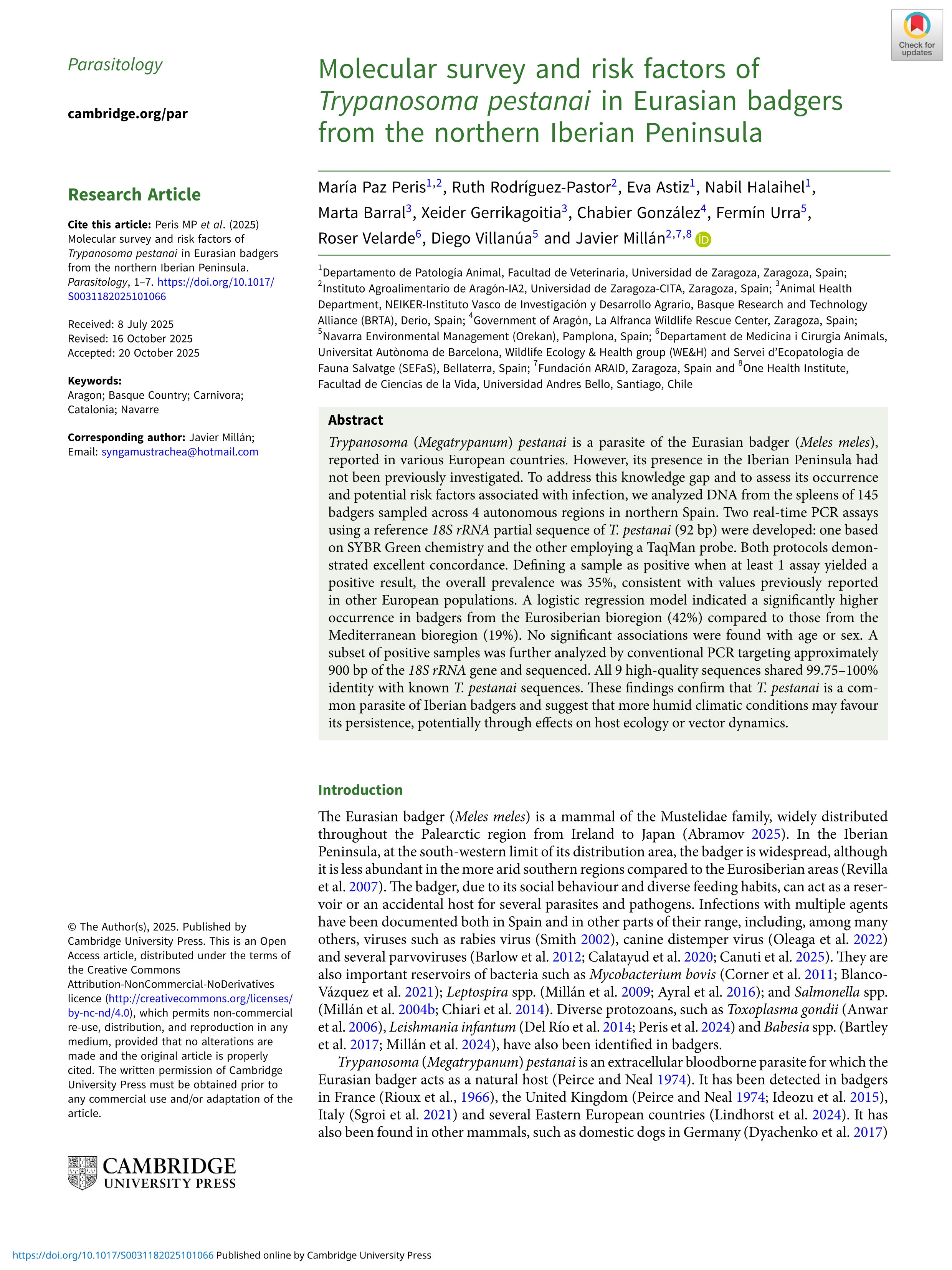 Molecular survey and risk factors of Trypanosoma pestanai in Eurasian badgers from the northern Iberian Peninsula