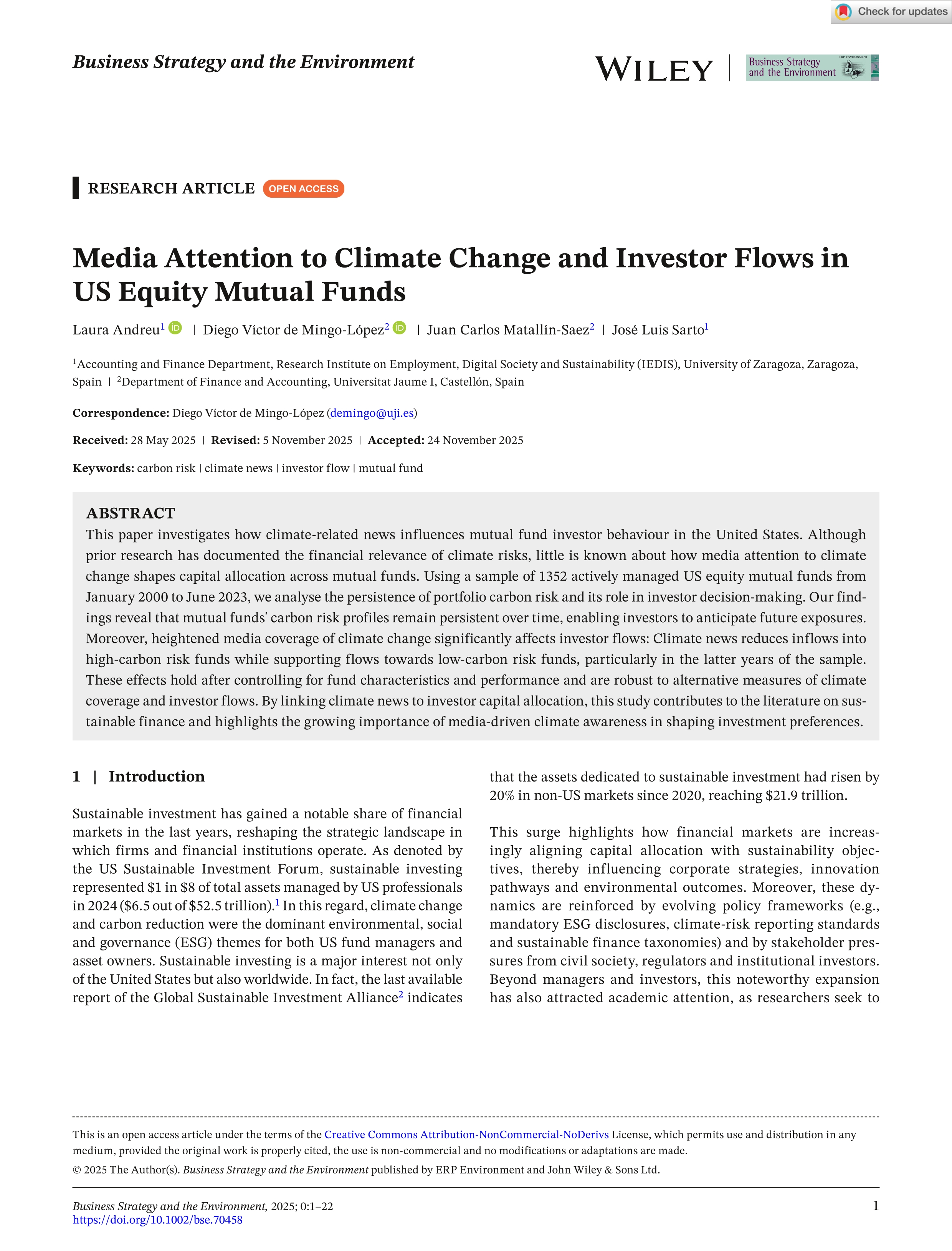 Media attention to climate change and investor flows in us equity mutual funds