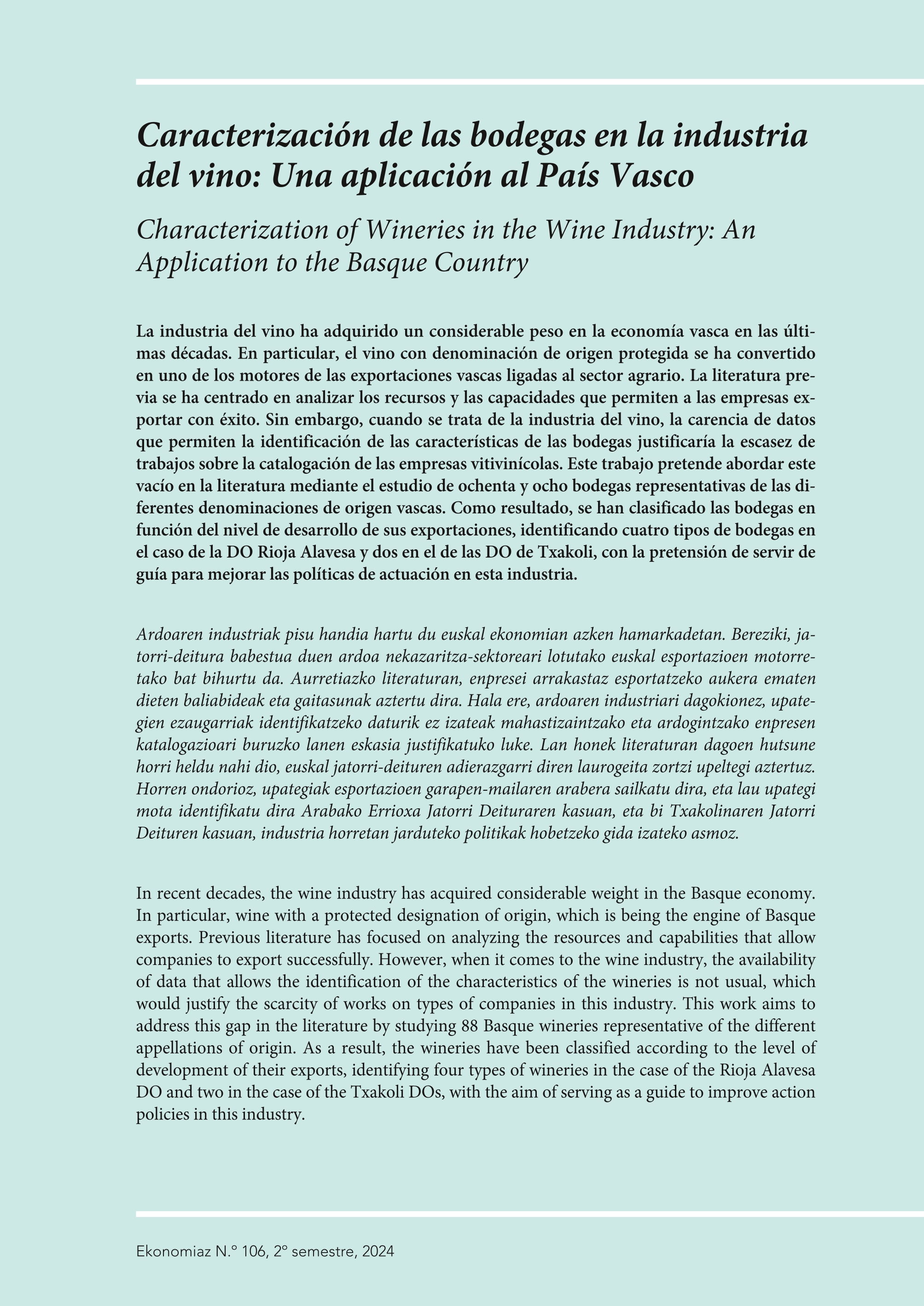 Caracterización de las bodegas en la industria del vino: una aplicación al País Vasco