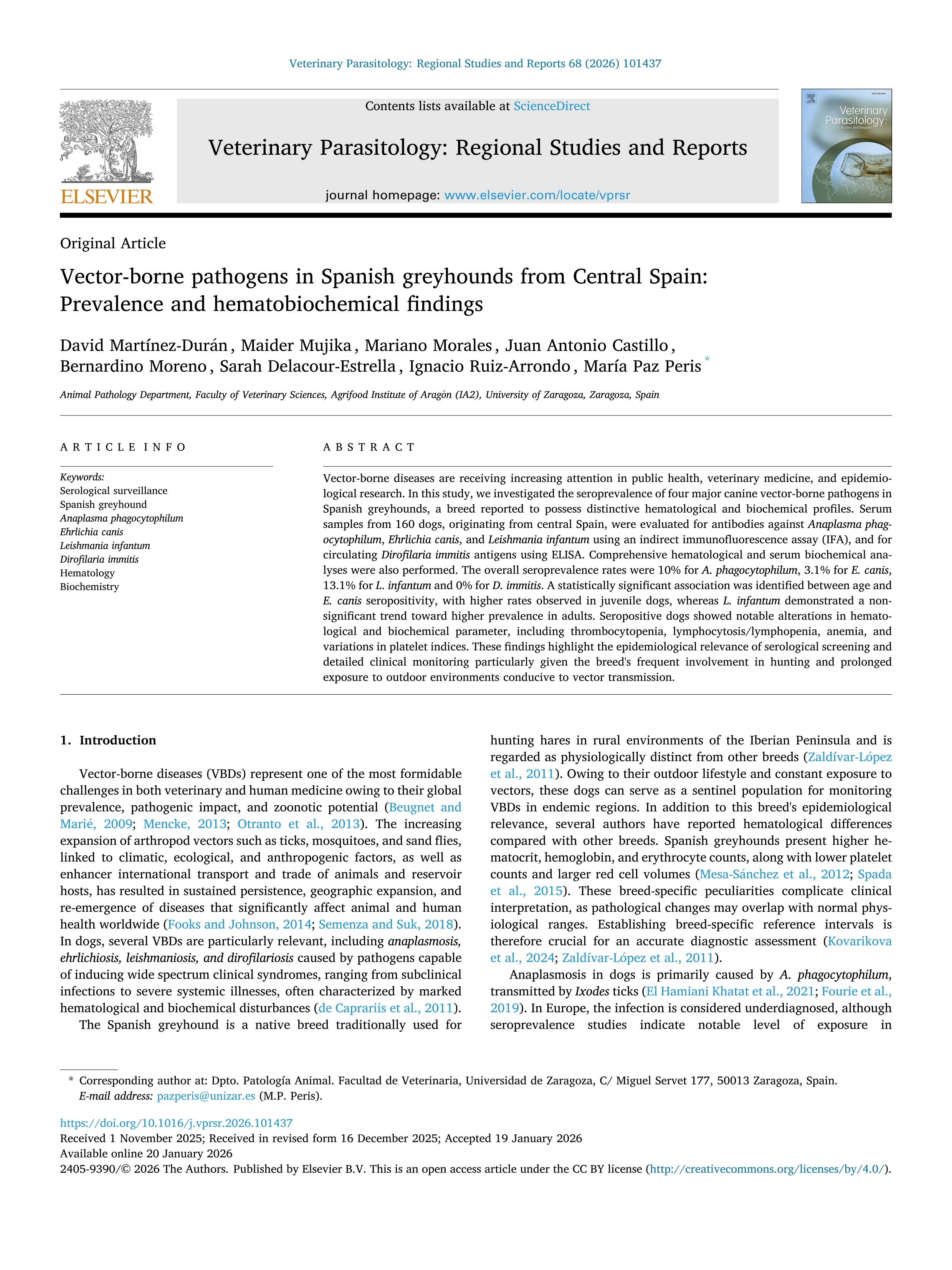 Vector-borne pathogens in Spanish greyhounds from Central Spain: Prevalence and hematobiochemical findings