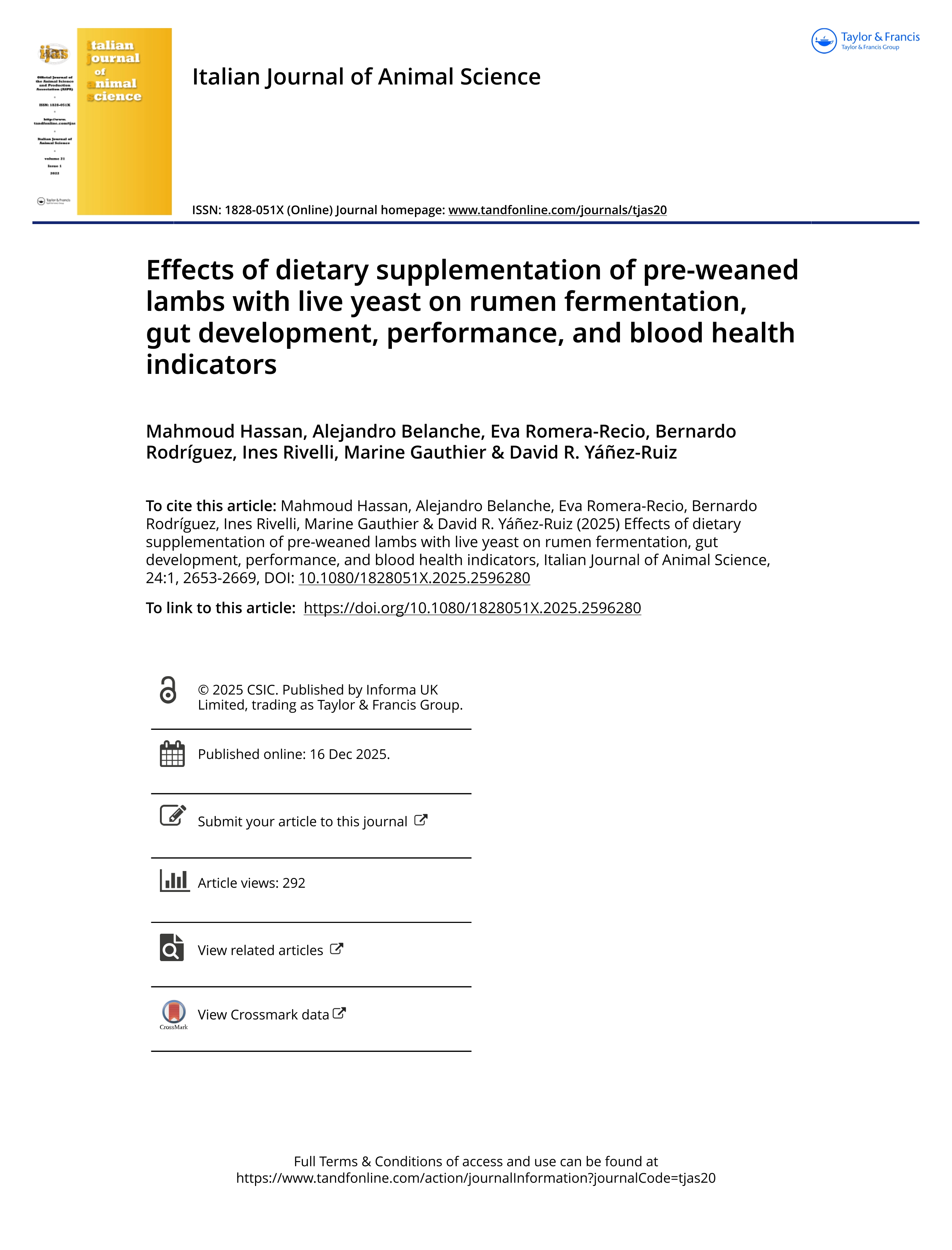 Effects of dietary supplementation of pre-weaned lambs with live yeast on rumen fermentation, gut development, performance, and blood health indicators