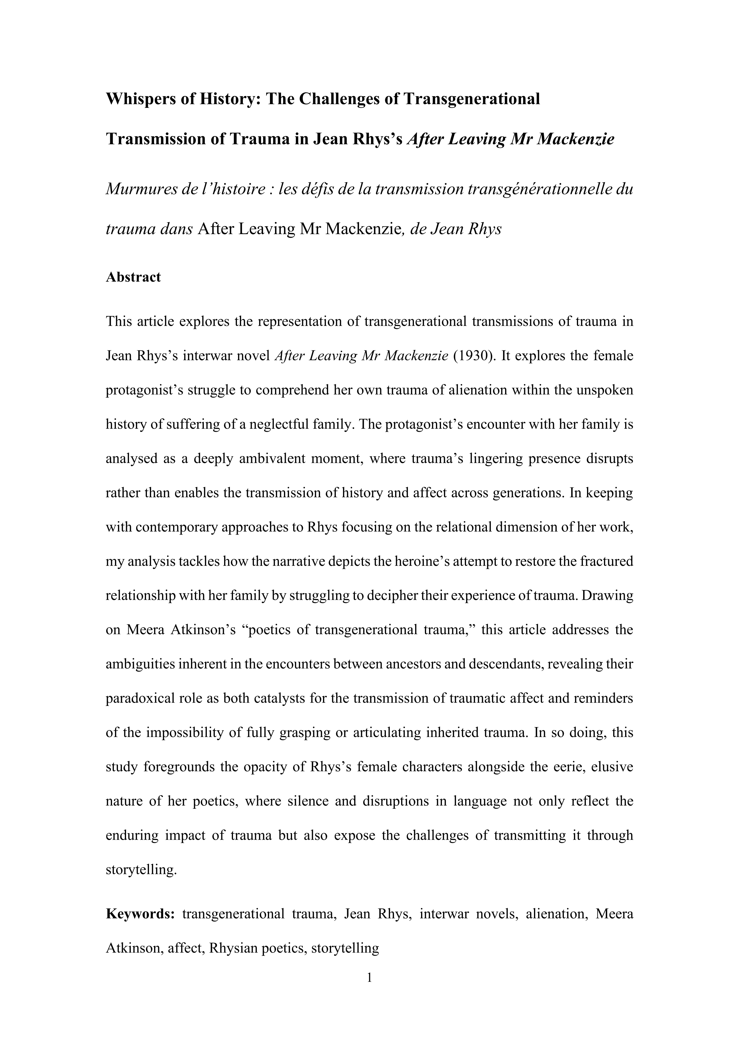 Whispers of History: The Challenges of Transgenerational Transmission of Trauma in Jean Rhys’s After Leaving Mr Mackenzie
