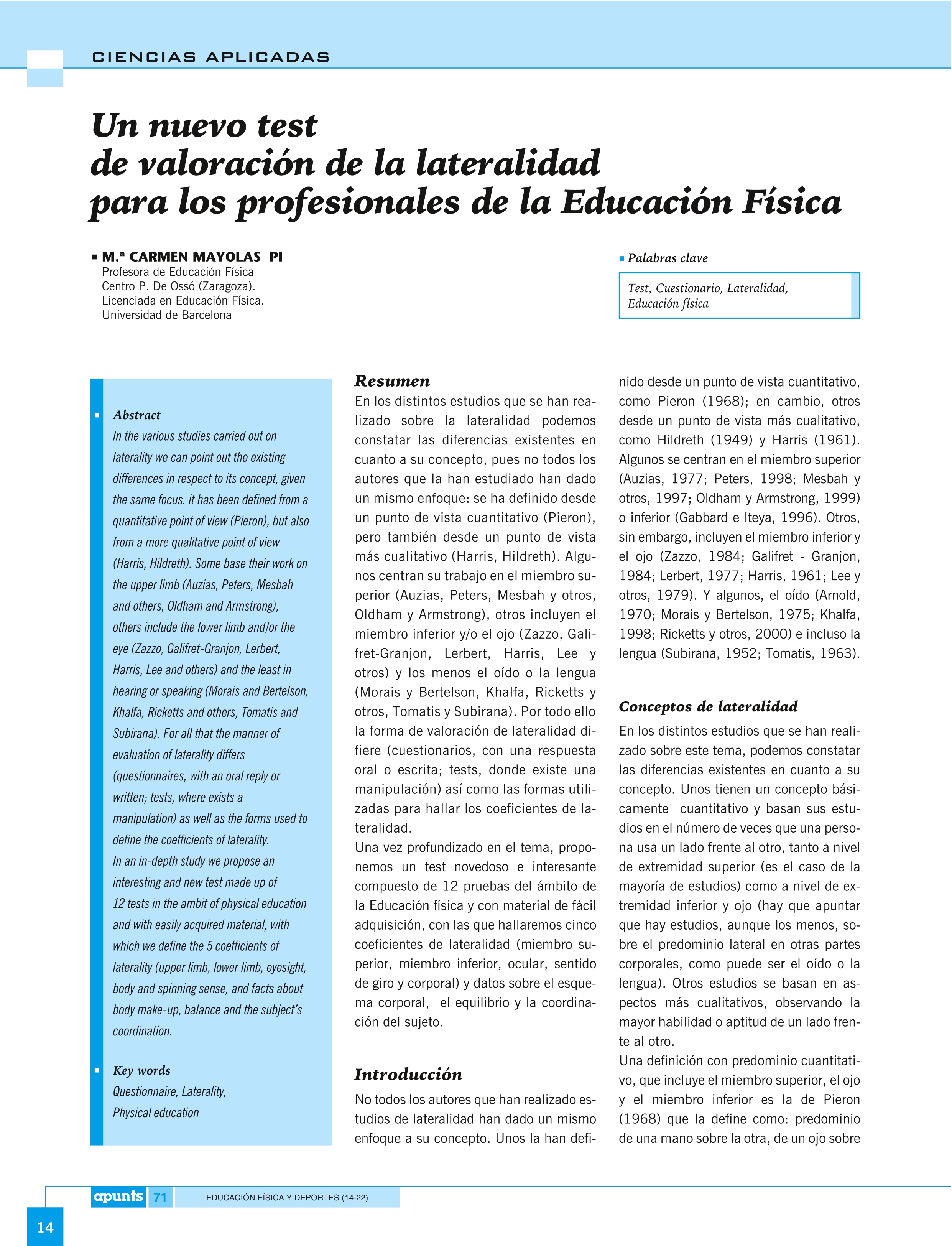 Un nuevo test de valoración de la lateralidad para los profesionales de la Educación Física