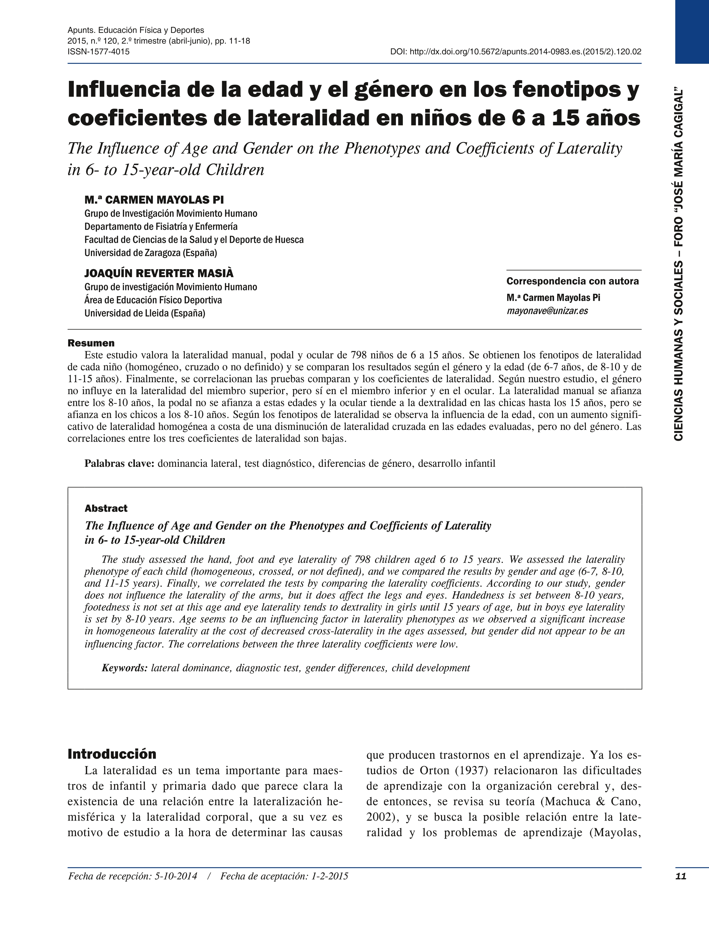 Influencia de la edad y el género en los fenotipos y coeficientes de lateralidad en niños de 6 a 15 años