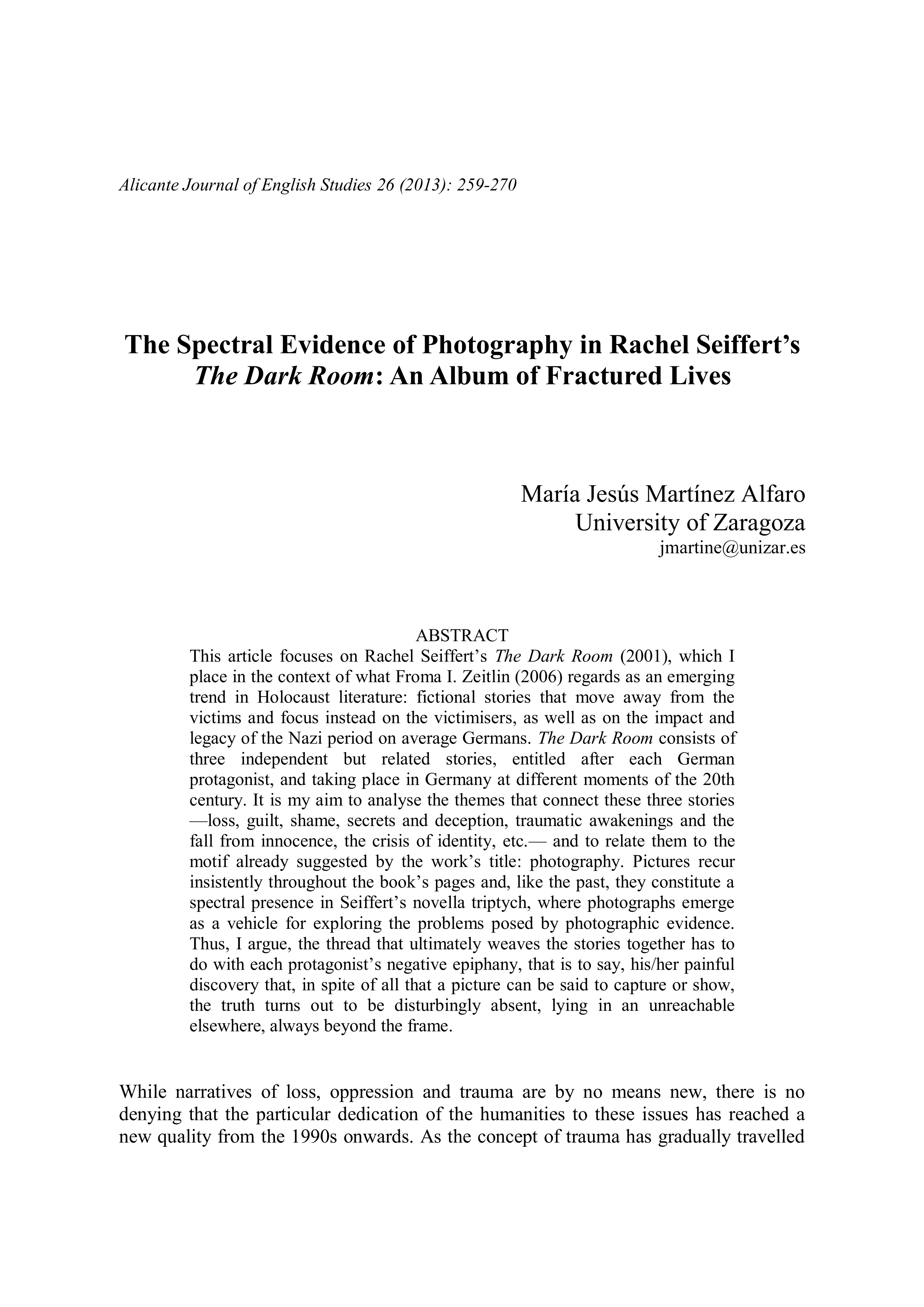 The Spectral Evidence of Photography in Rachel Seiffert’s The Dark Room: An Album of Fractured Lives