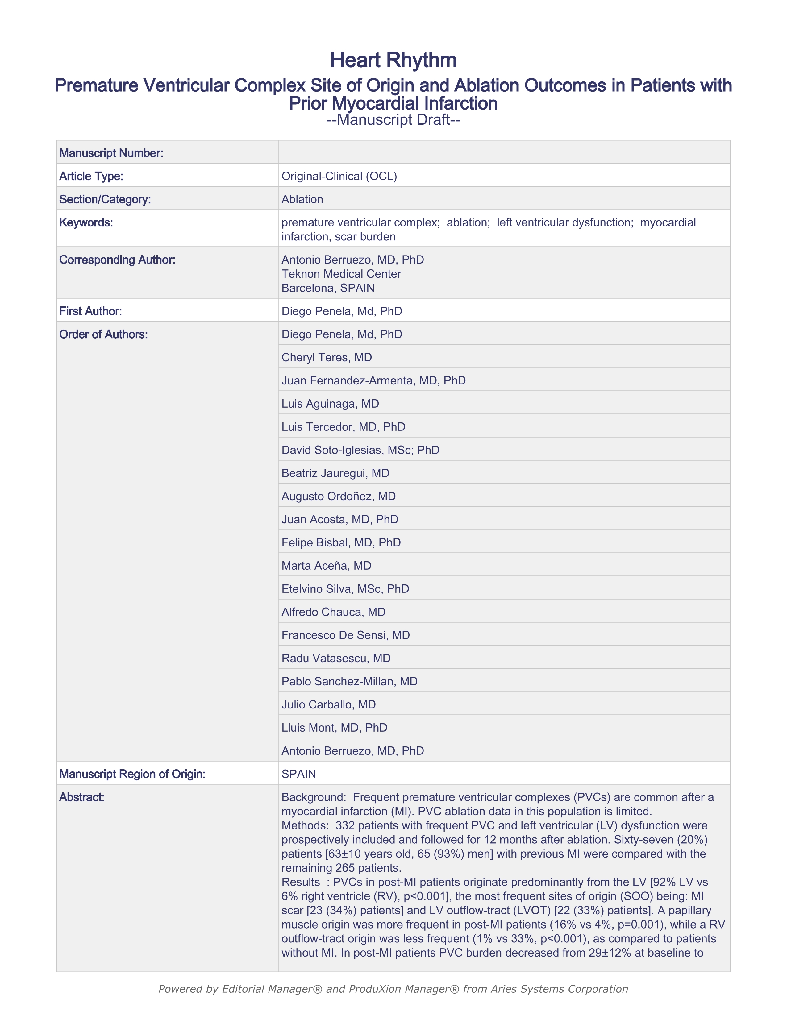 Premature ventricular complex site of origin and ablation outcomes in patients with prior myocardial infarction
