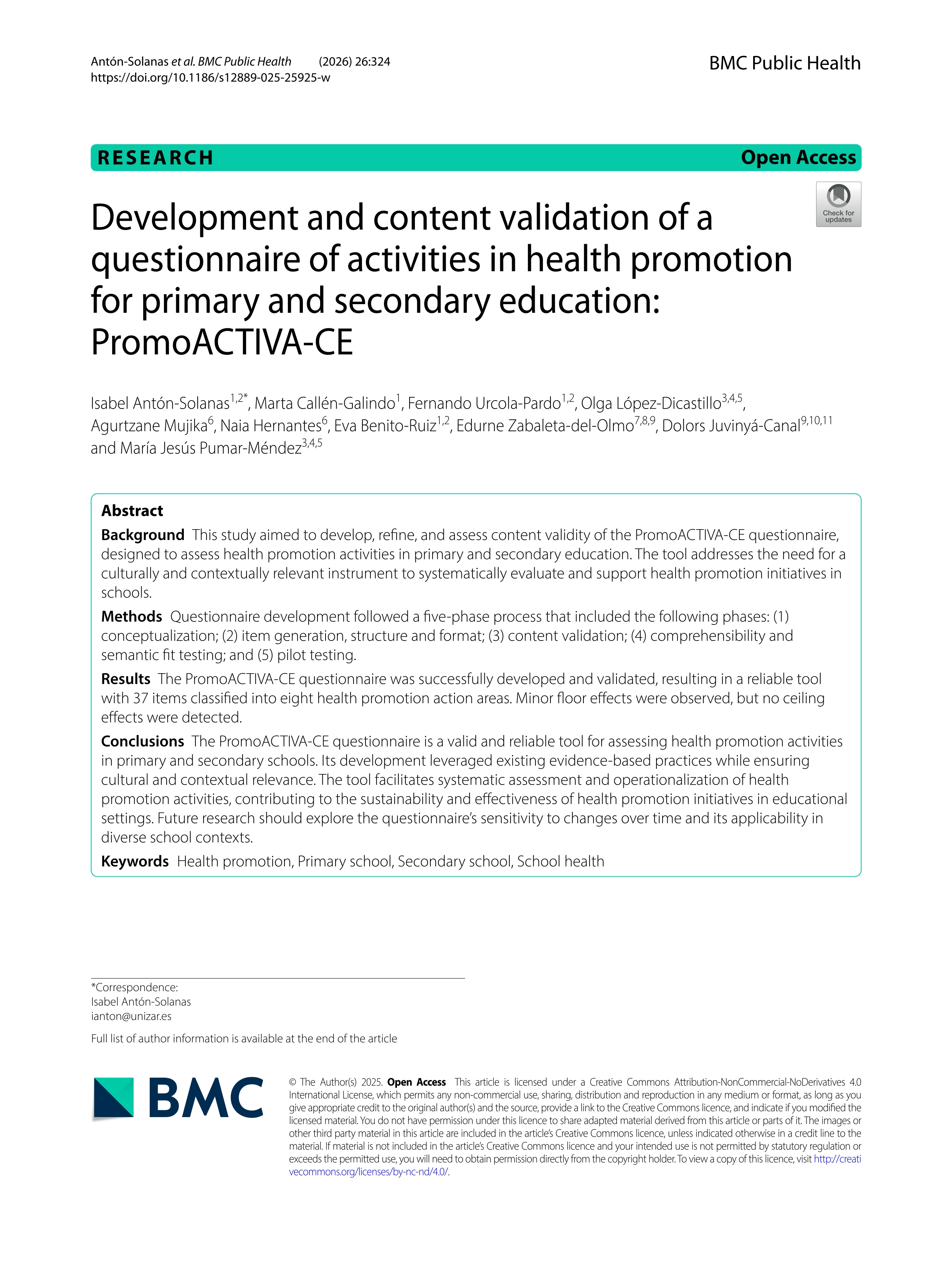 Development and content validation of a questionnaire of activities in health promotion for primary and secondary education: PromoACTIVA-CE