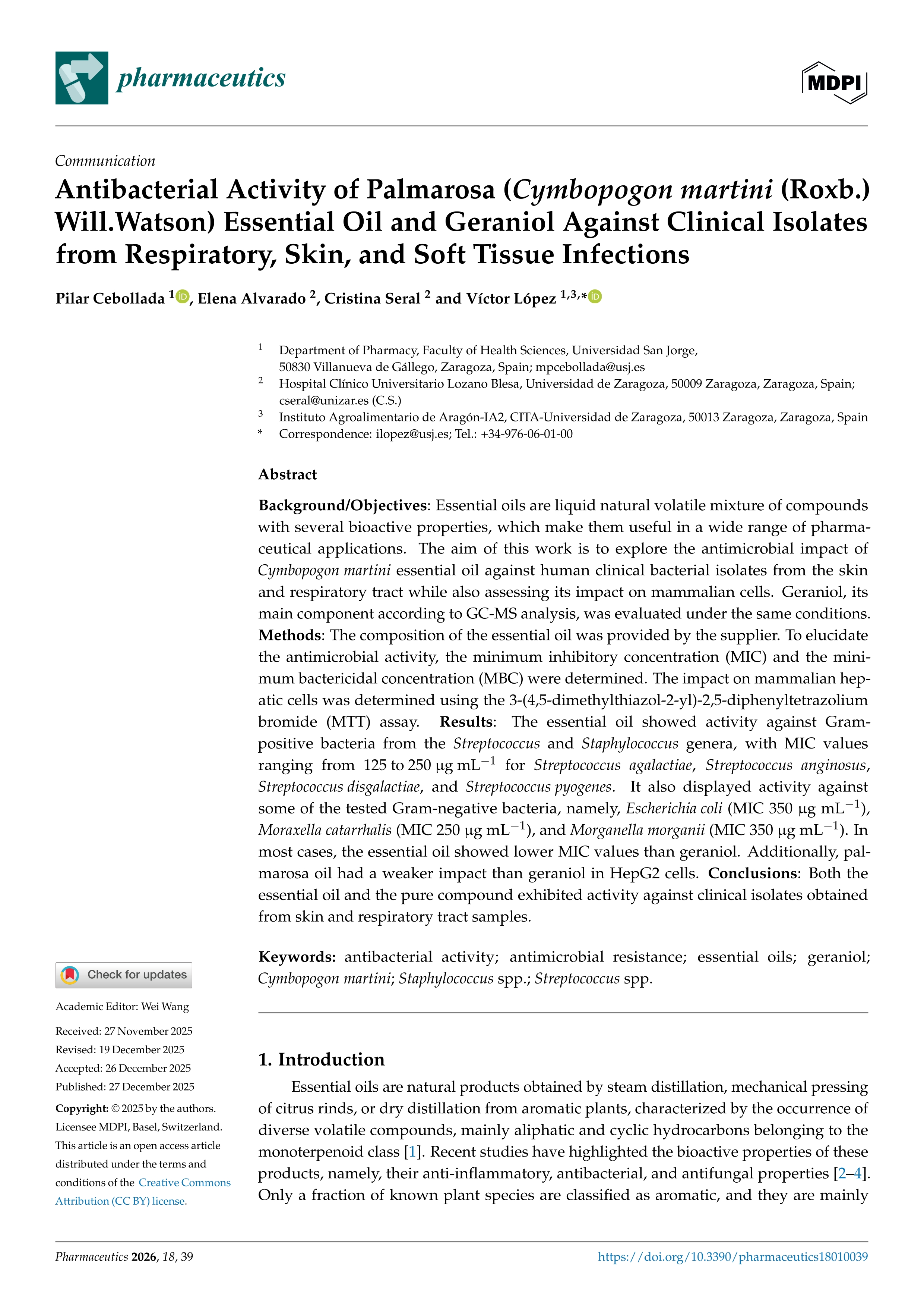 Antibacterial Activity of Palmarosa (Cymbopogon martini (Roxb.) Will.Watson) Essential Oil and Geraniol Against Clinical Isolates from Respiratory, Skin, and Soft Tissue Infections