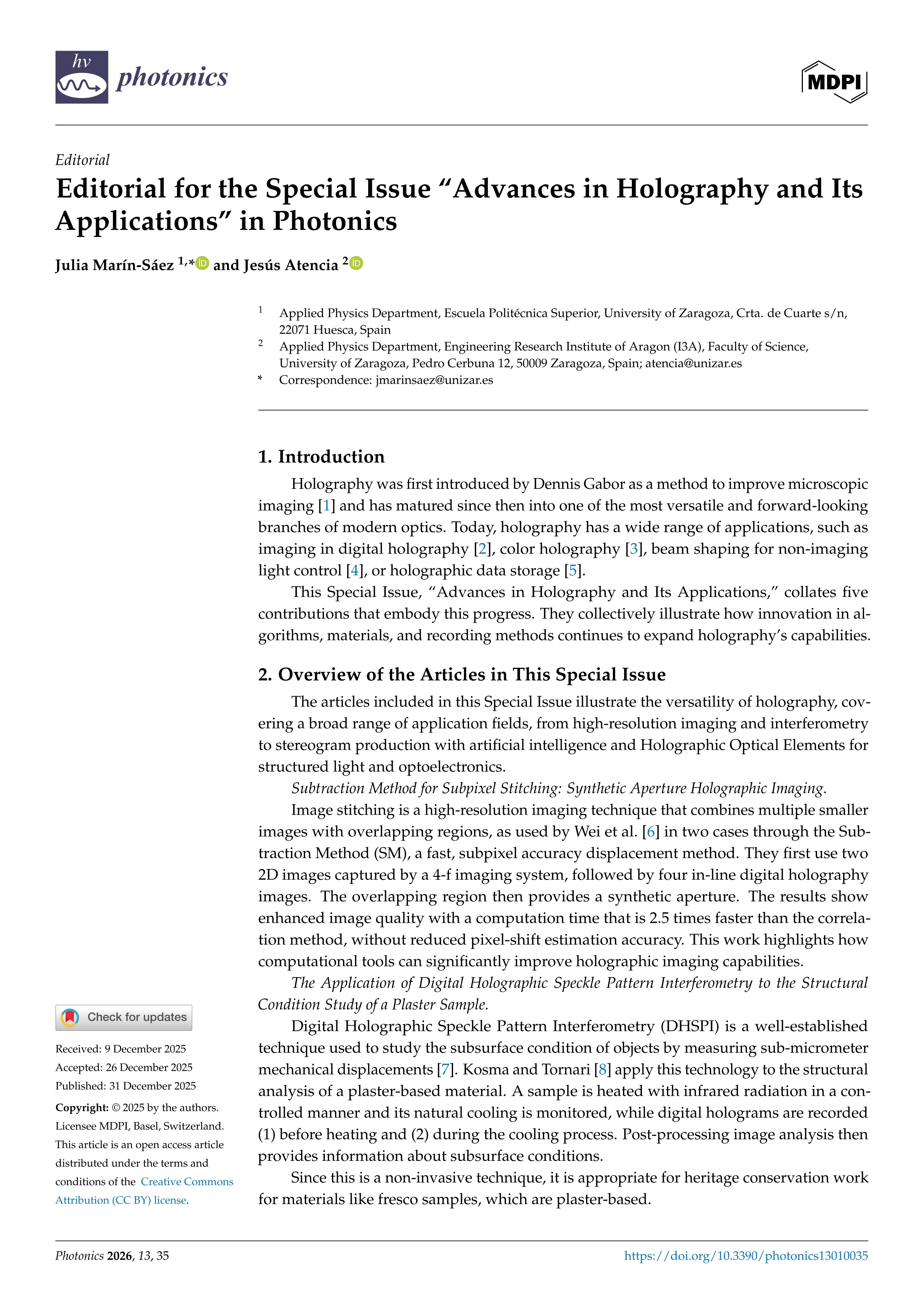 Editorial for the Special Issue “Advances in Holography and Its Applications” in Photonics