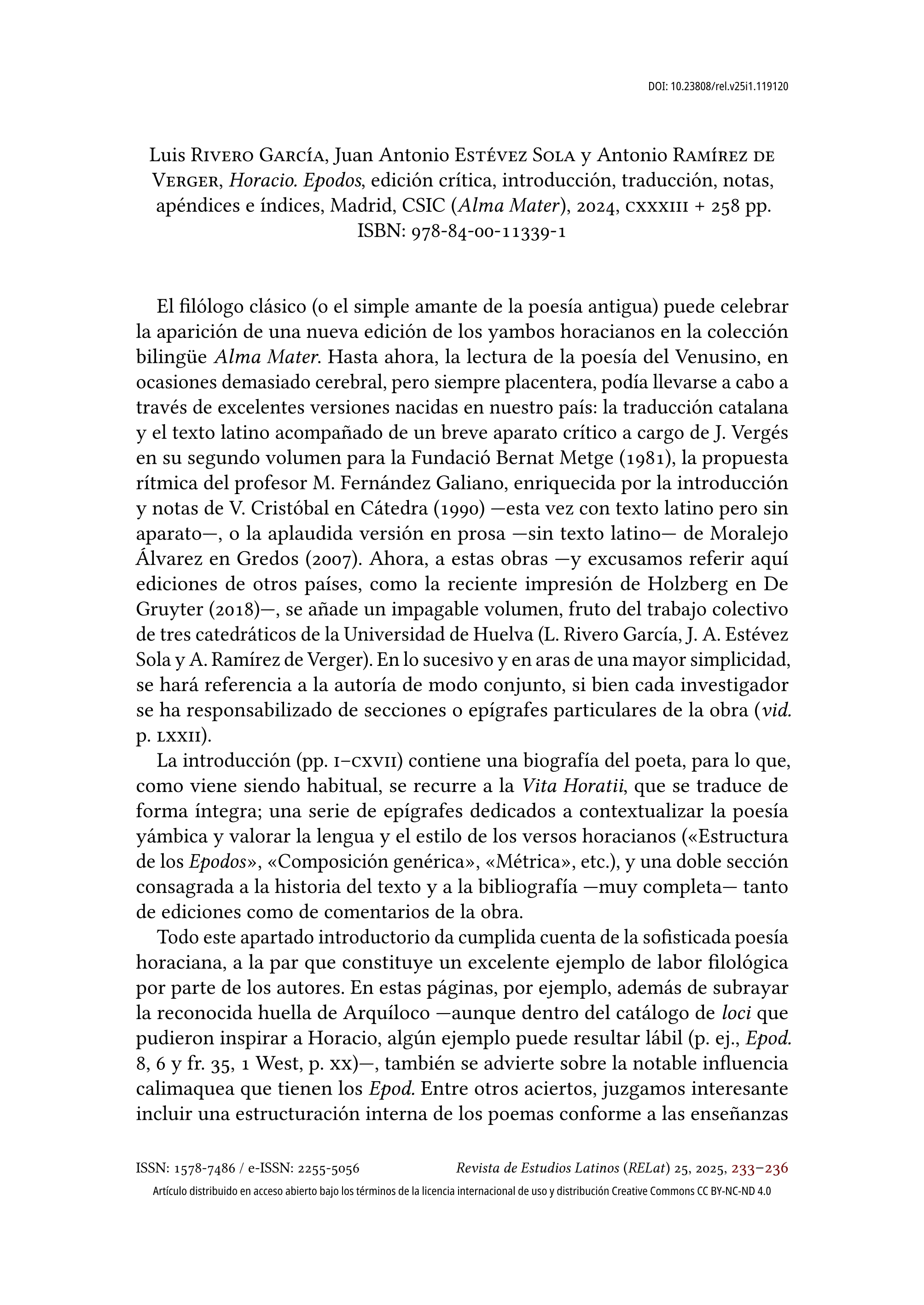 Luis Rivero García, Juan Antonio Estévez Sola y Antonio Ramírez de Verger, Horacio. Epodos, edición crítica, introducción, traducción, notas, apéndices e índices. Madrid, CSIC (Alma Mater), 2024