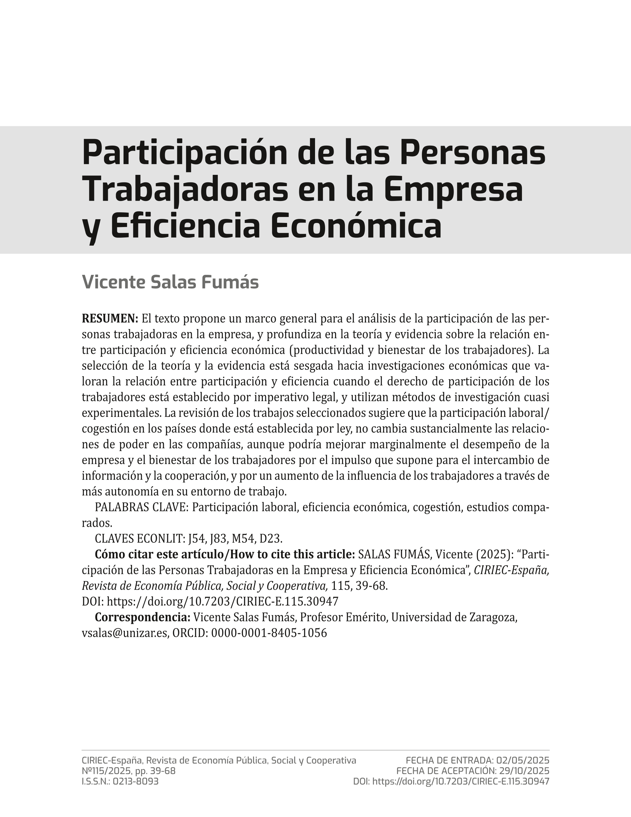 Participación de las personas trabajadoras en la empresa y eficiencia económica