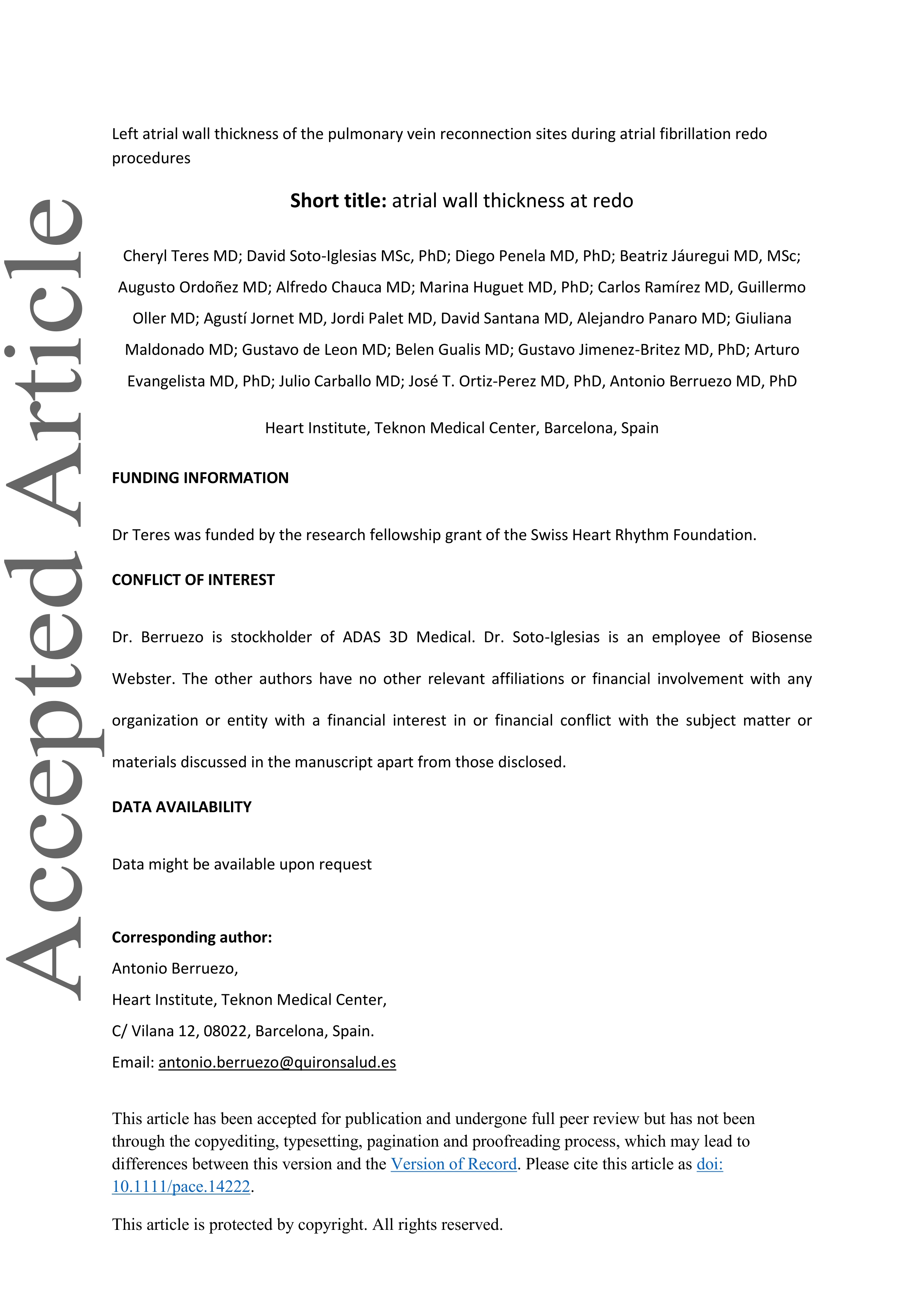 Left atrial wall thickness of the pulmonary vein reconnection sites during atrial fibrillation redo procedures.