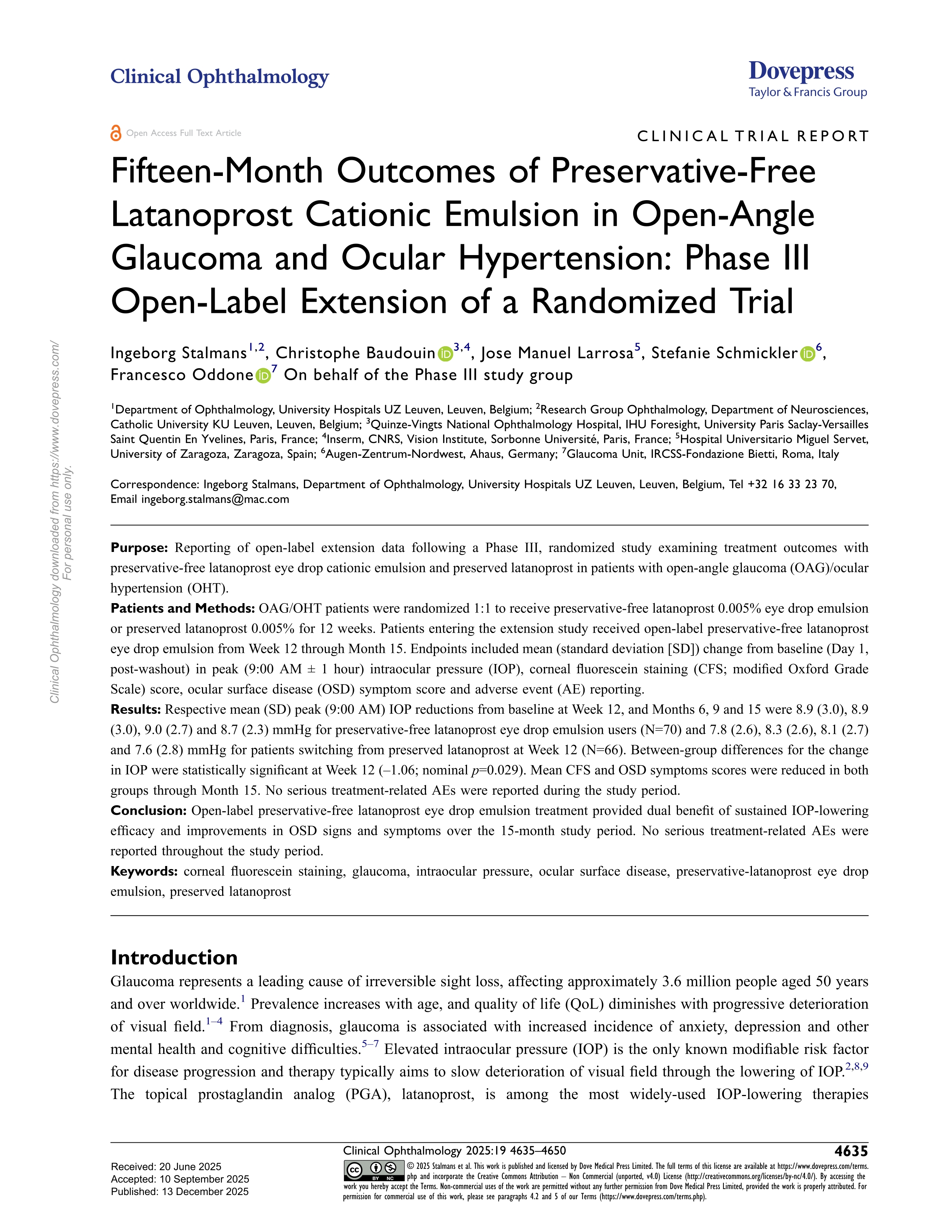 Fifteen-Month Outcomes of Preservative-Free Latanoprost Cationic Emulsion in Open-Angle Glaucoma and Ocular Hypertension: Phase III Open-Label Extension of a Randomized Trial