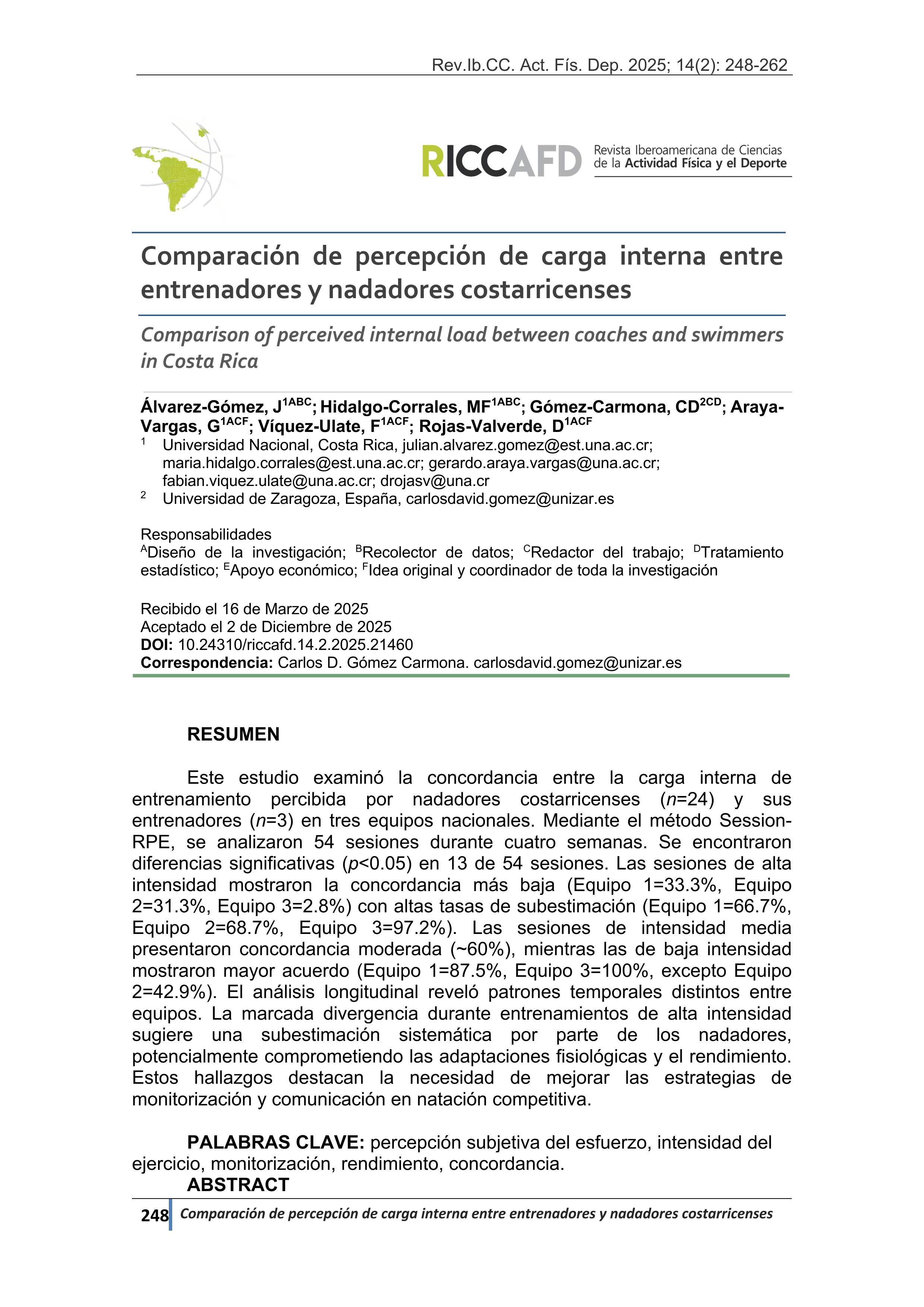 Comparación de percepción de carga interna entre entrenadores y nadadores costarricenses