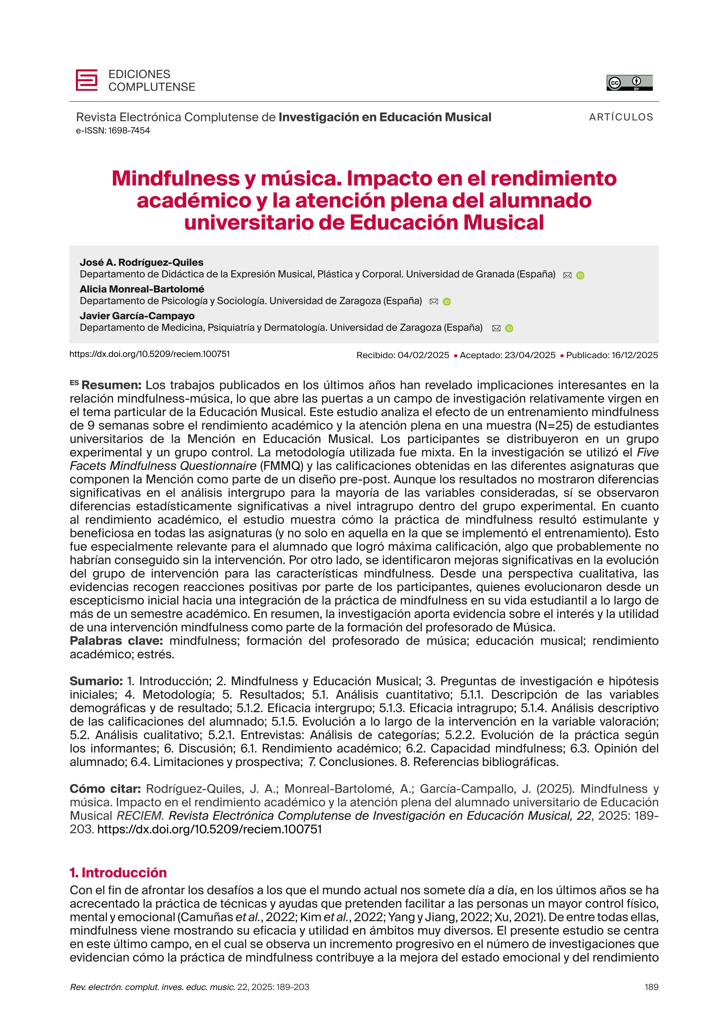 Mindfulness y música. Impacto en el rendimiento académico y la atención plena del alumnado universitario de Educación Musical