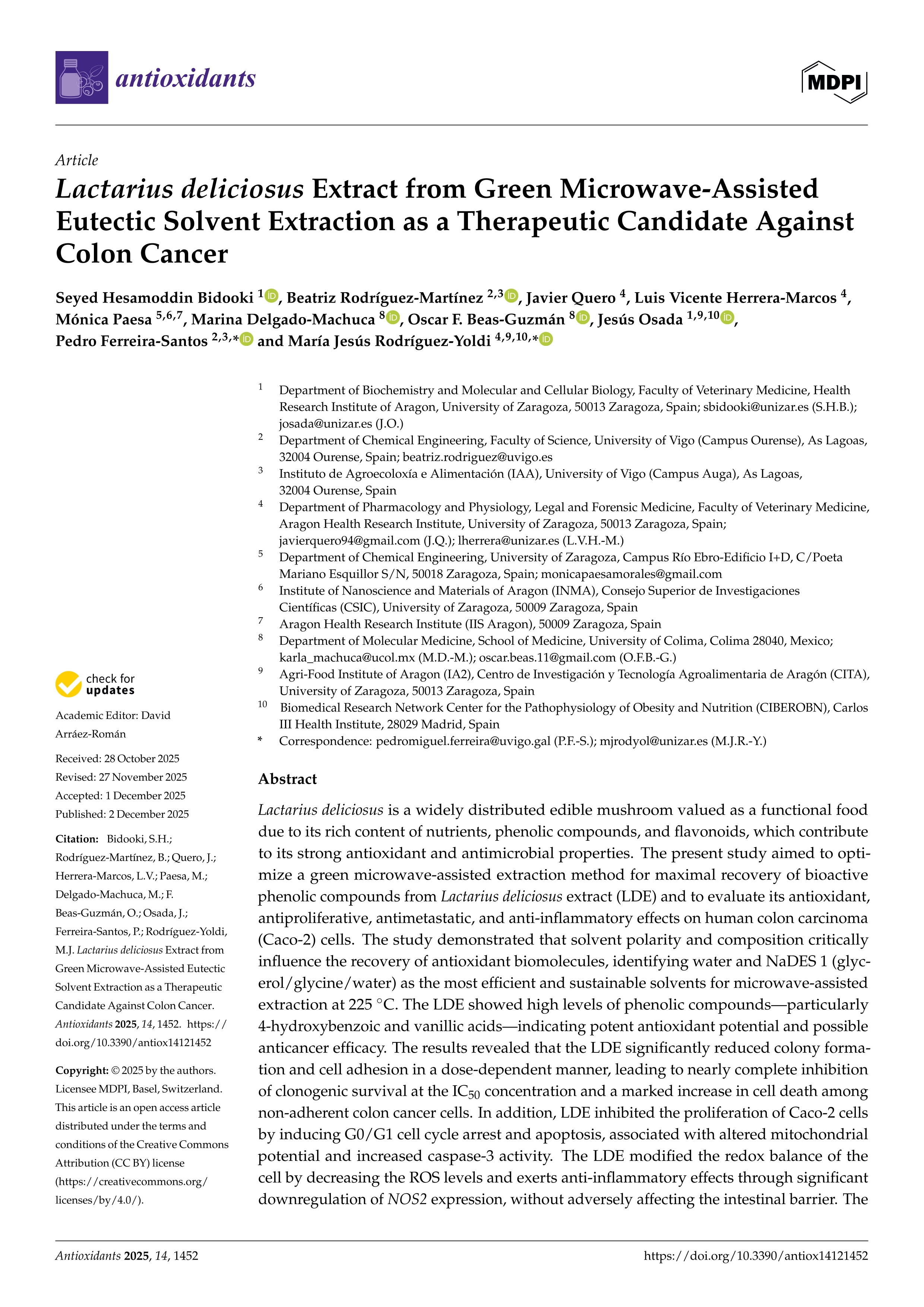 Lactarius deliciosus extract from green microwave-assisted eutectic solvent extraction as a therapeutic candidate against colon cancer