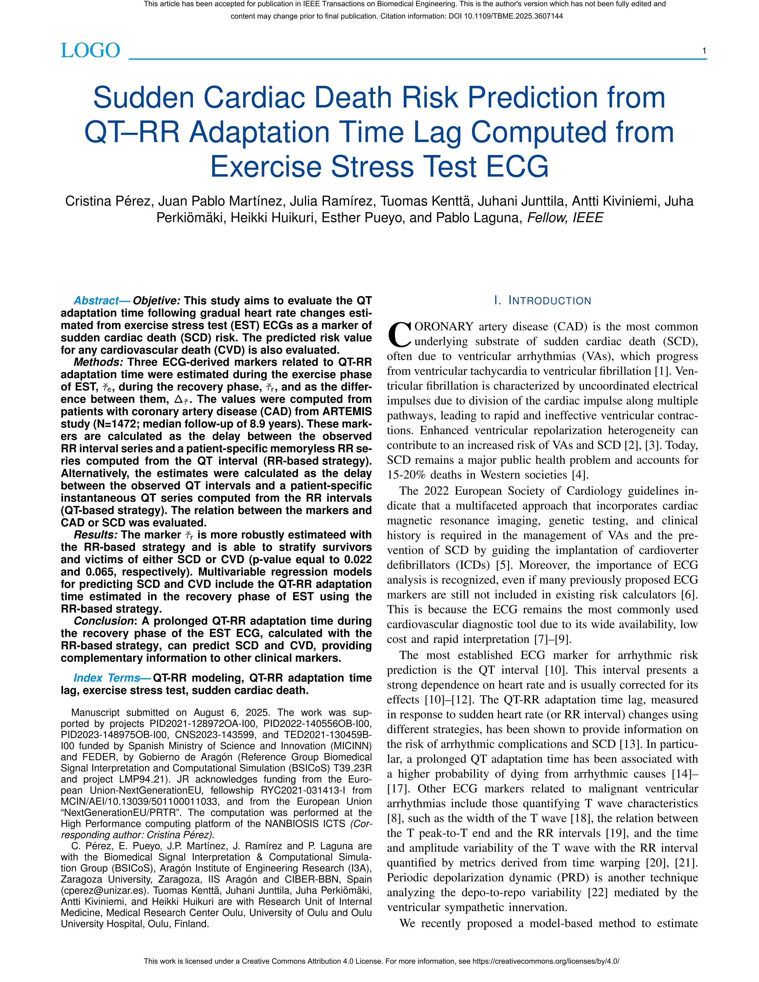 Sudden cardiac death risk prediction from QT–RR adaptation time lag computed from exercise stress test ECG