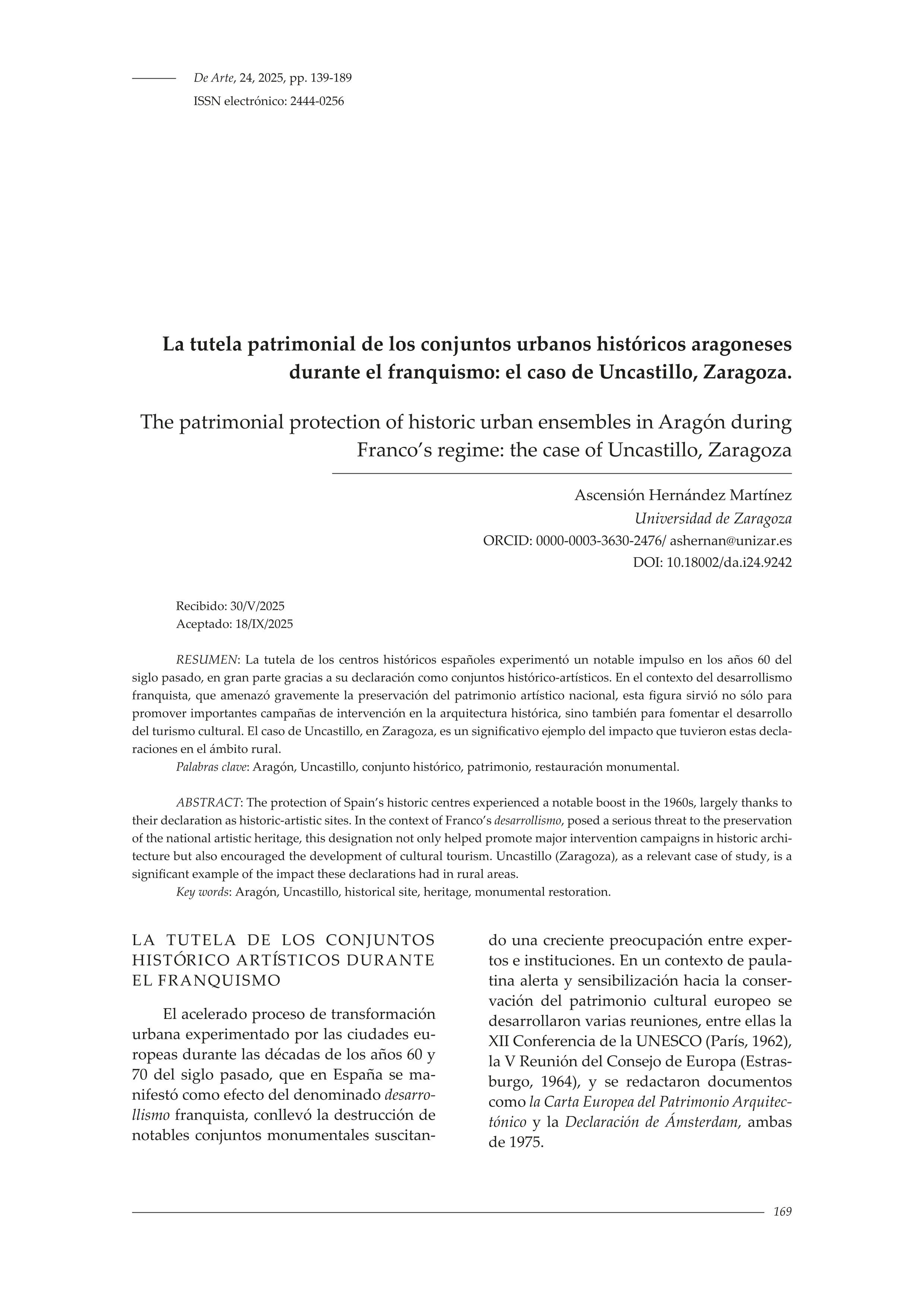 La tutela patrimonial de los conjuntos urbanos históricos aragoneses durante el franquismo: el caso de Uncastillo, Zaragoza
