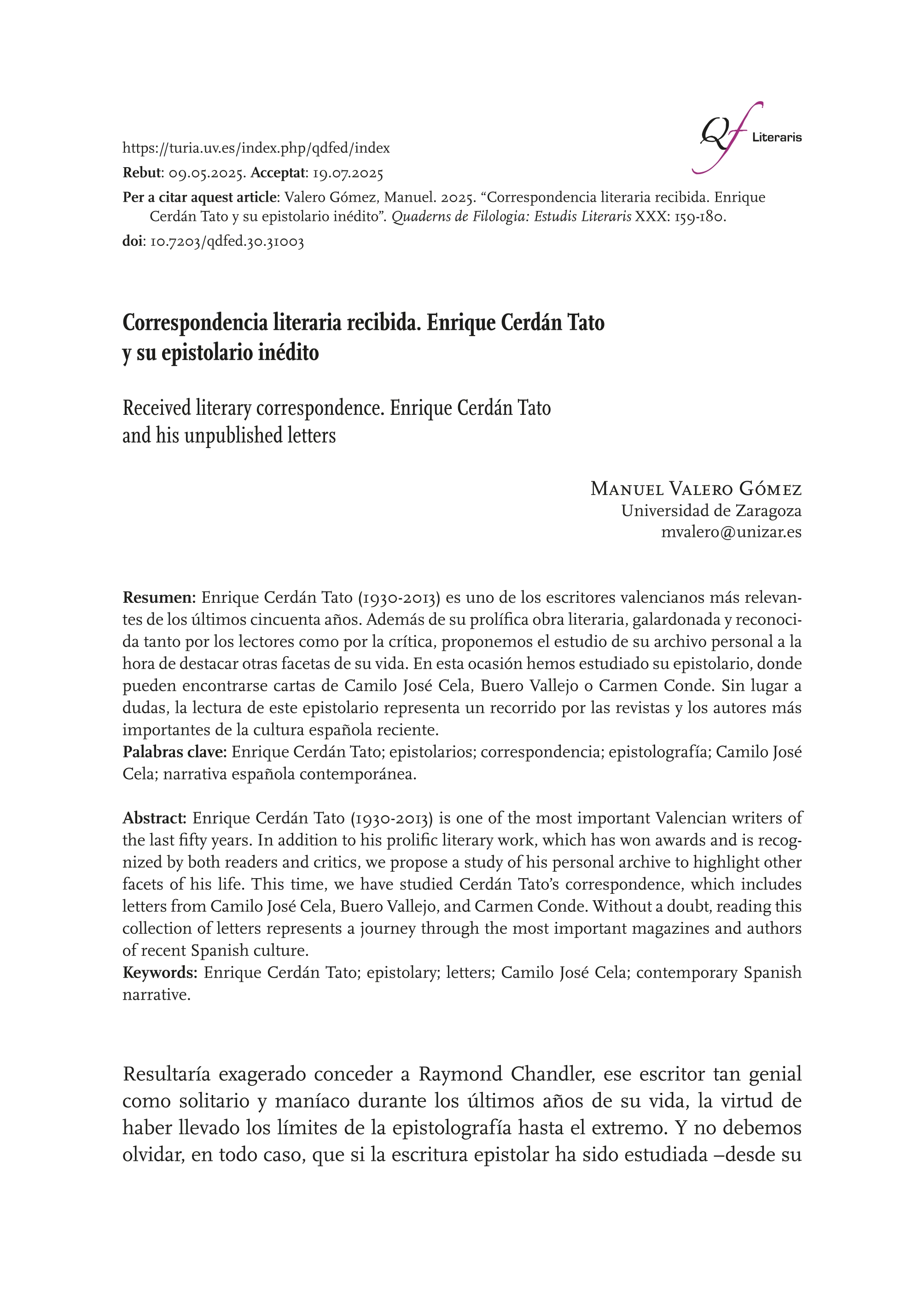 Correspondencia literaria recibida. Enrique Cerdán Tato y su epistolario inédito