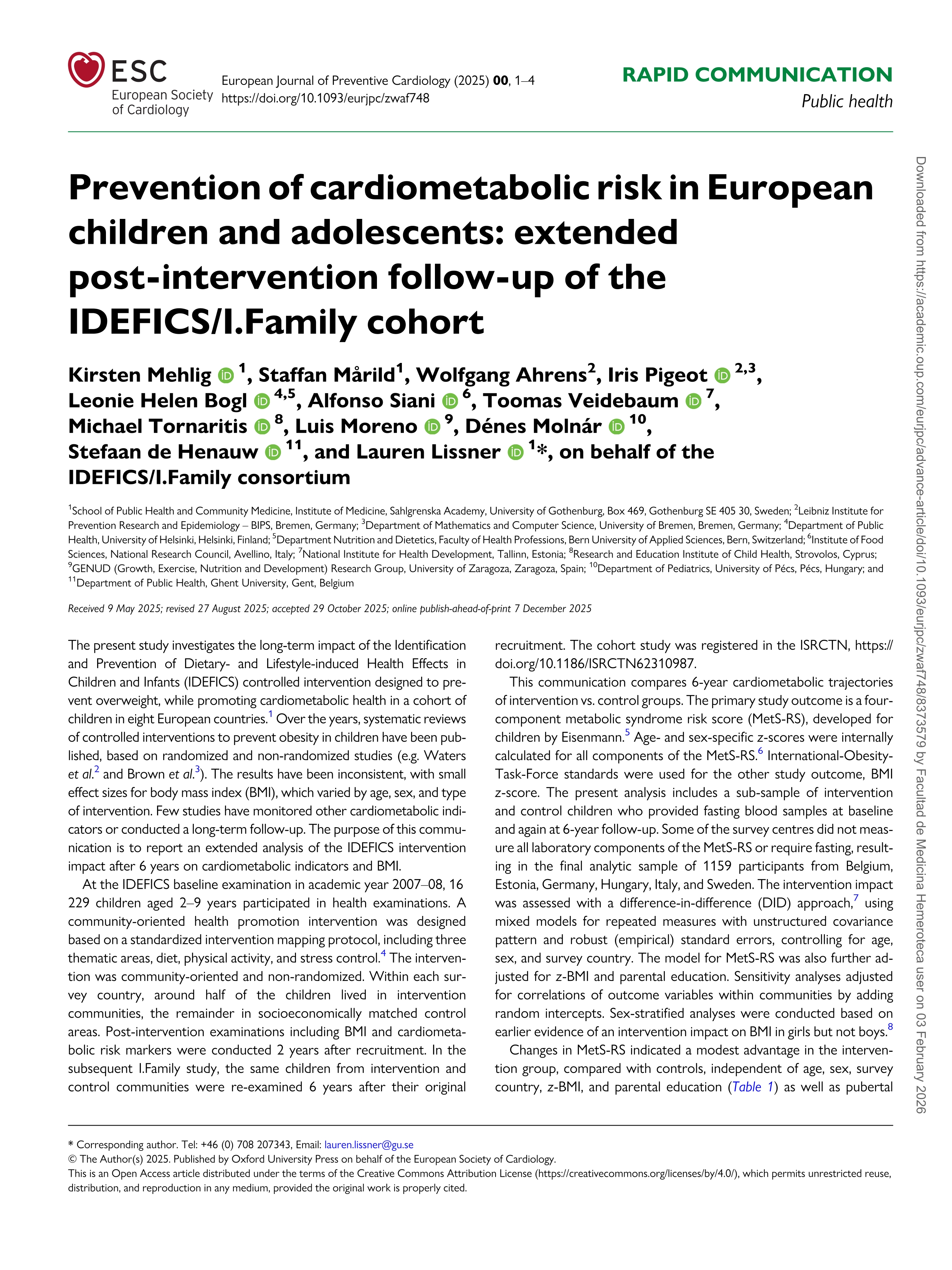 Prevention of cardiometabolic risk in European children and adolescents: extended post-intervention follow-up of the IDEFICS/I.Family cohort