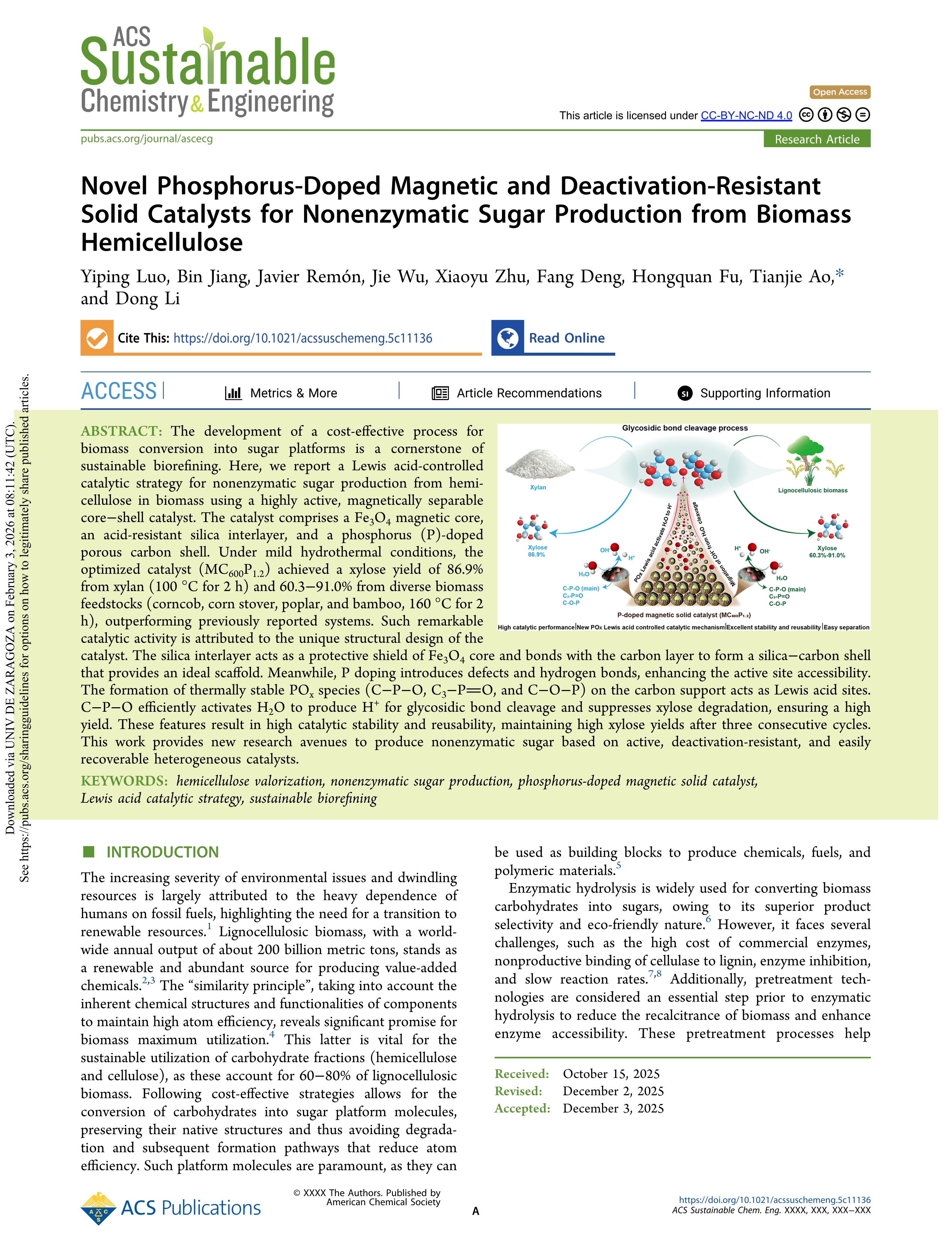 Novel Phosphorus-Doped Magnetic and Deactivation-Resistant Solid Catalysts for Nonenzymatic Sugar Production from Biomass Hemicellulose