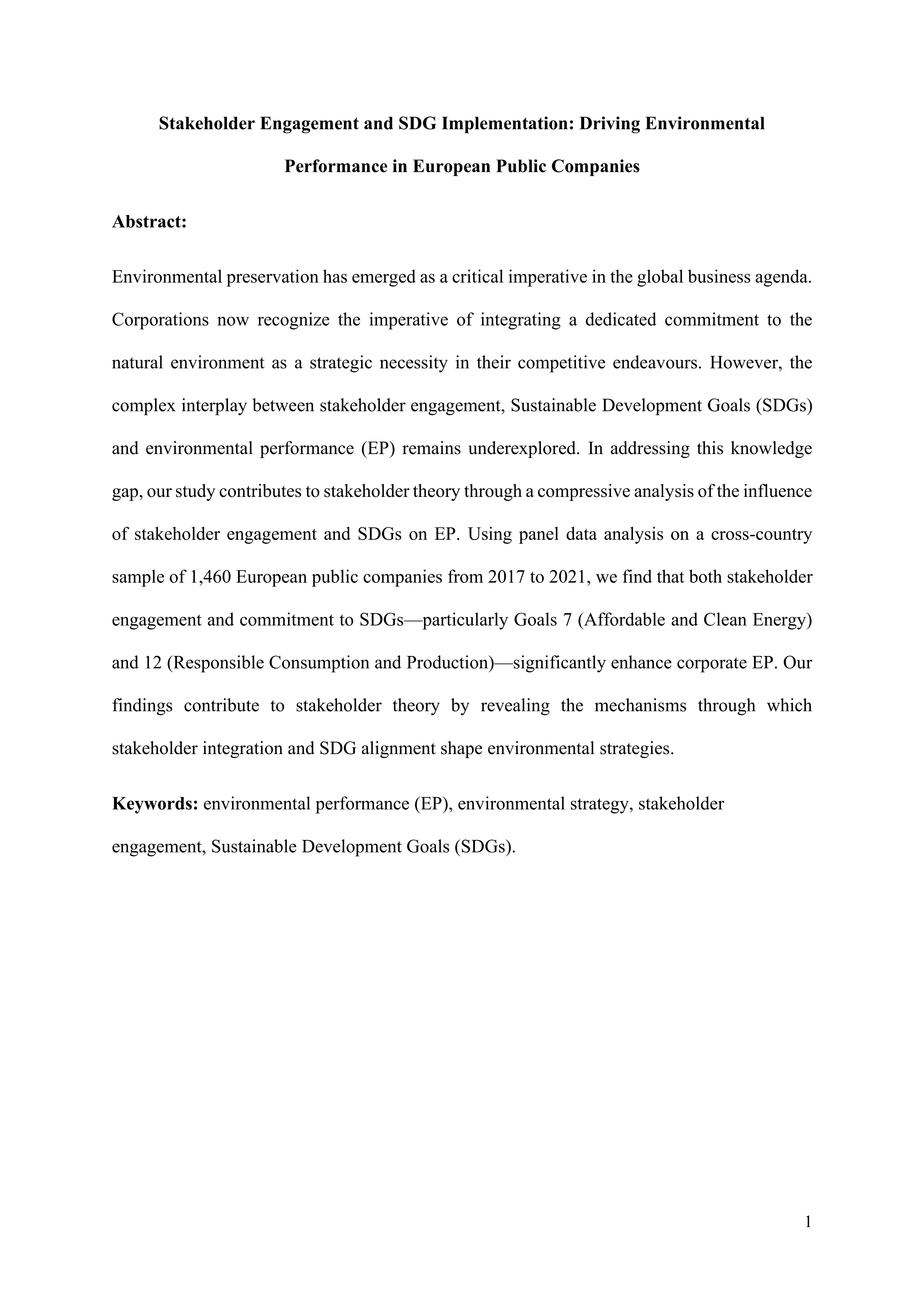 Stakeholder Engagement and SDG Implementation: Driving Environmental Performance in European Public Companies