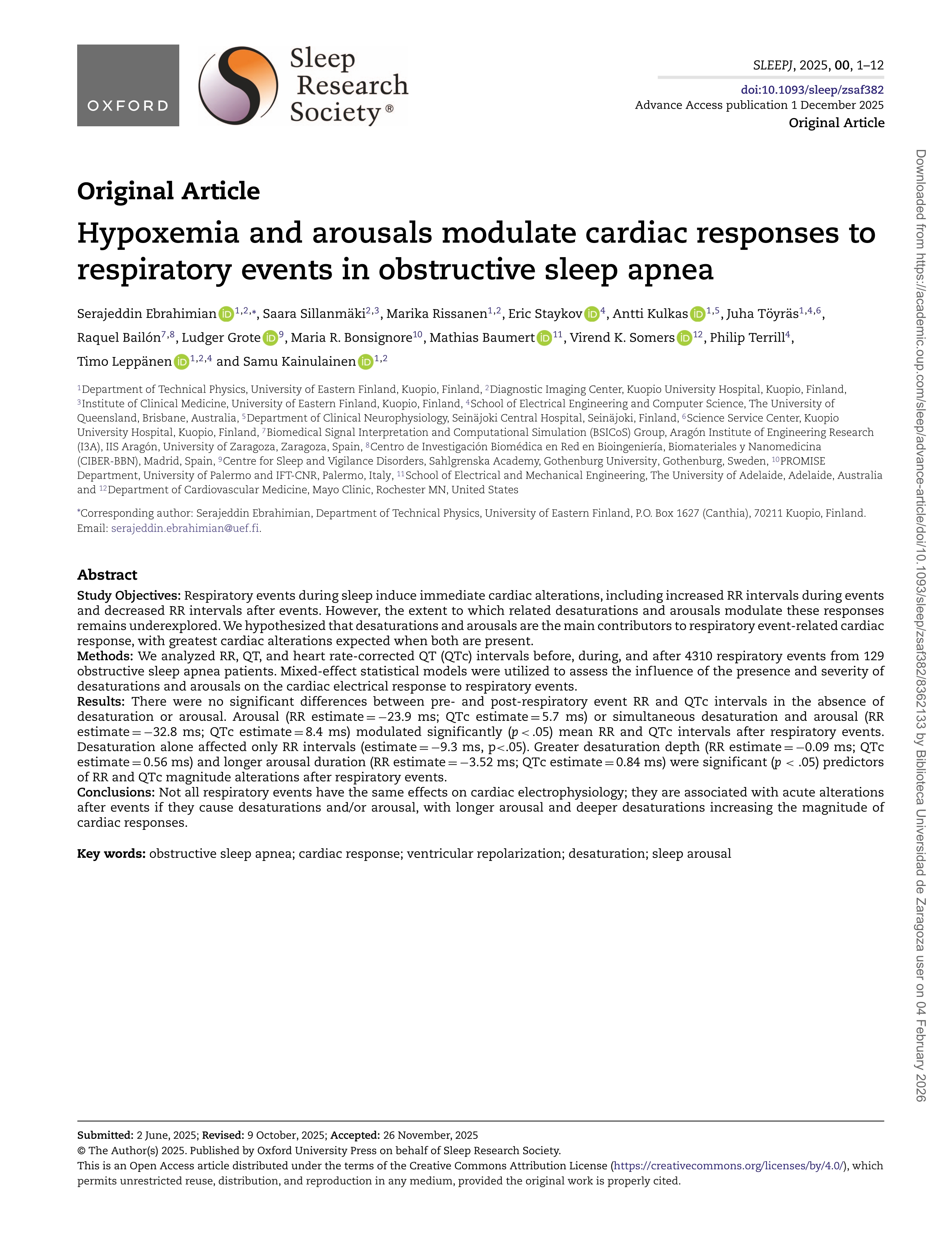 Hypoxemia and arousals modulate cardiac responses to respiratory events in obstructive sleep apnea