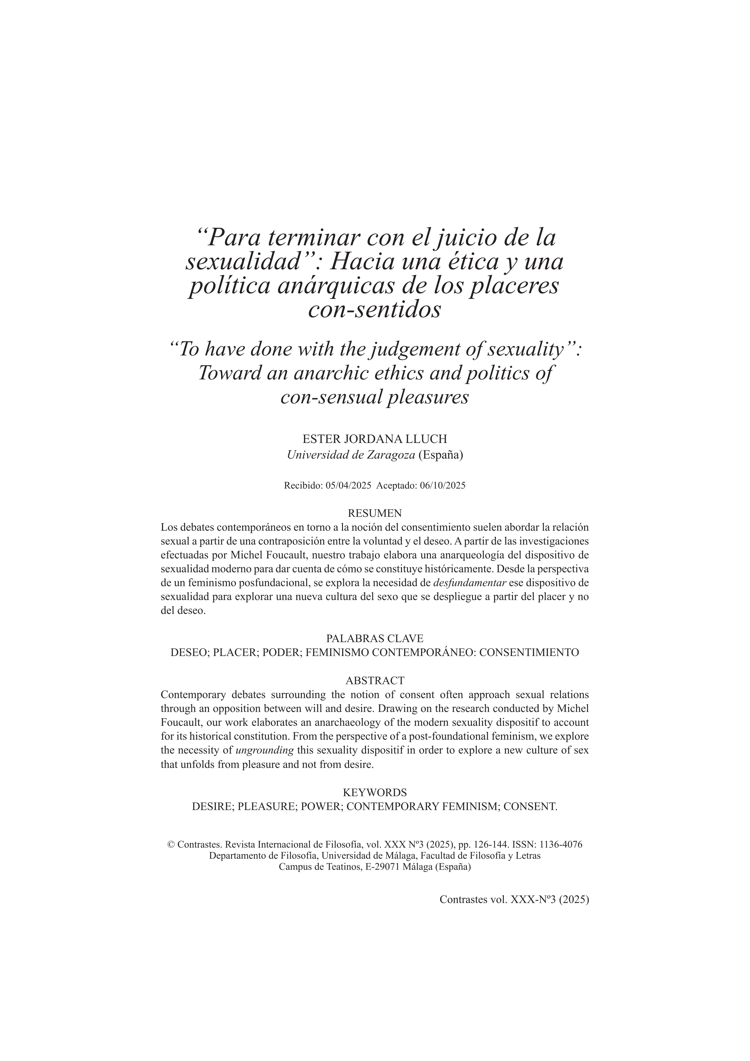 “Para terminar con el juicio de la sexualidad”: Hacia una ética y una política anárquicas de los placeres con-sentidos