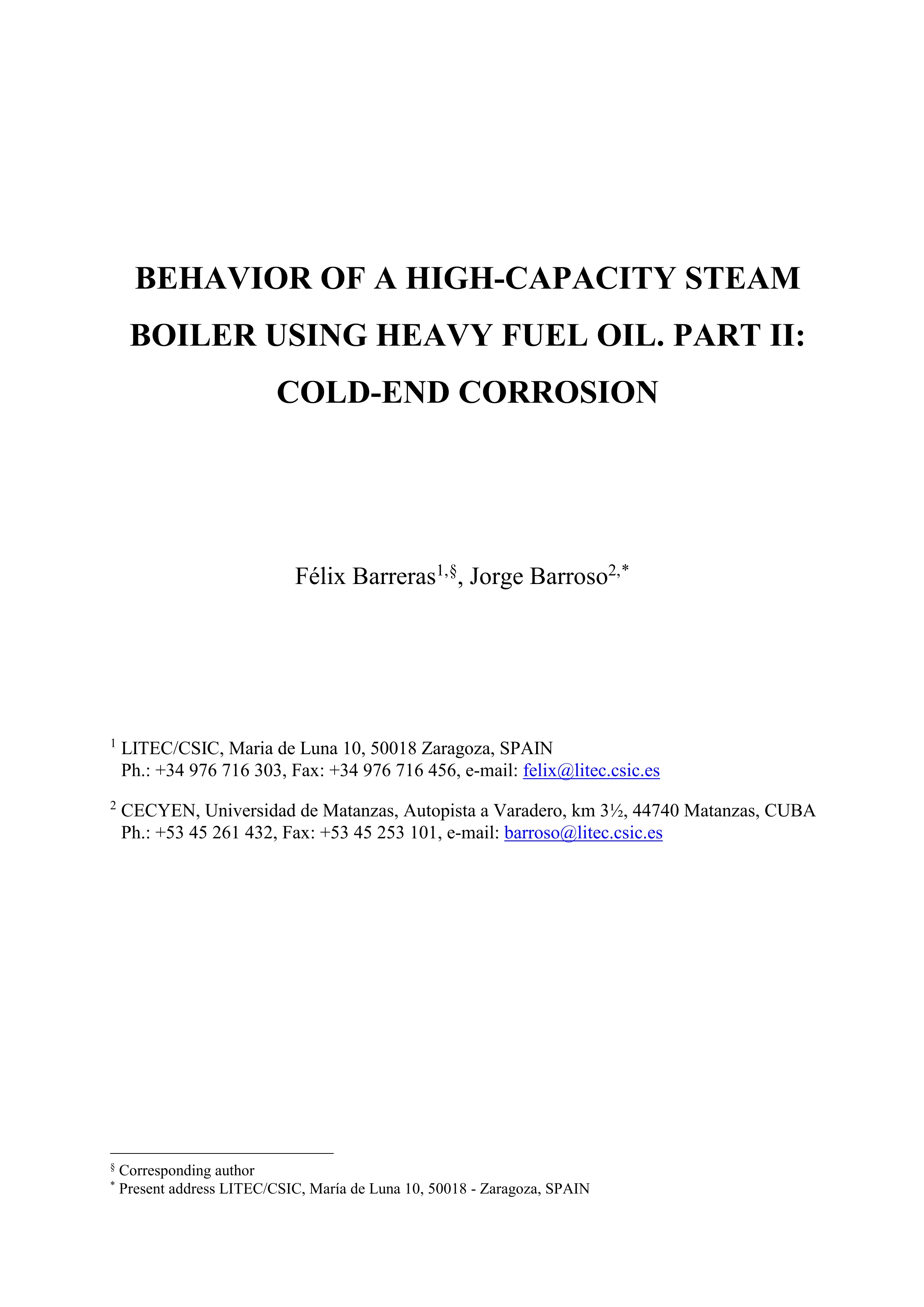 Behavior of a high-capacity steam boiler using heavy fuel oil Part  II: Cold-end corrosion