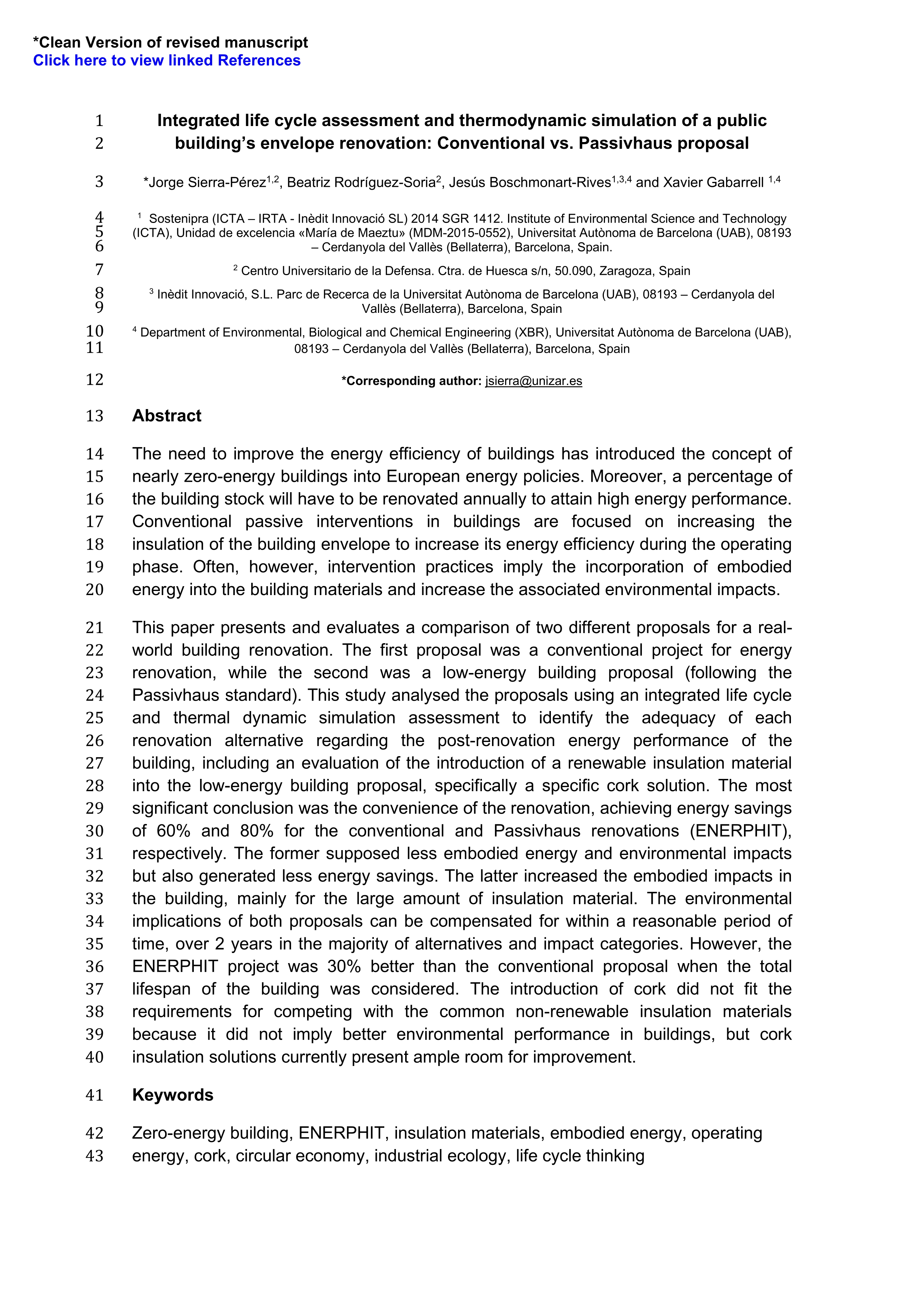 Integrated life cycle assessment and thermodynamic simulation of a public building's envelope renovation: Conventional vs. Passivhaus proposal