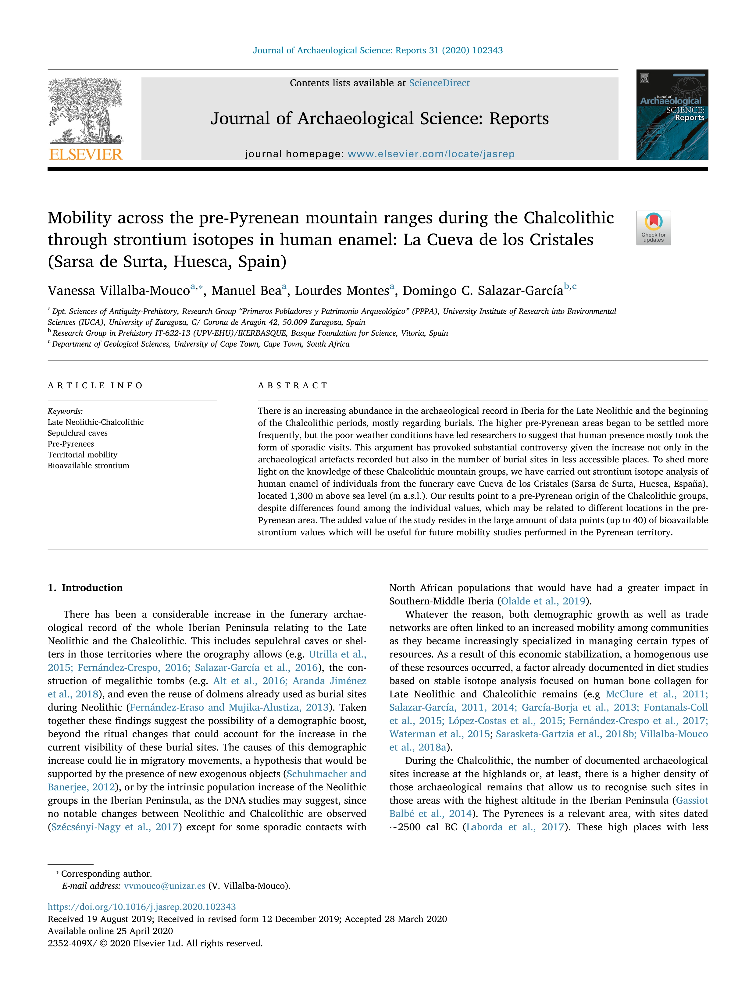 Mobility across the pre-Pyrenean mountain ranges during the Chalcolithic through strontium isotopes in human enamel: La Cueva de los Cristales (Sarsa de Surta, Huesca, Spain)