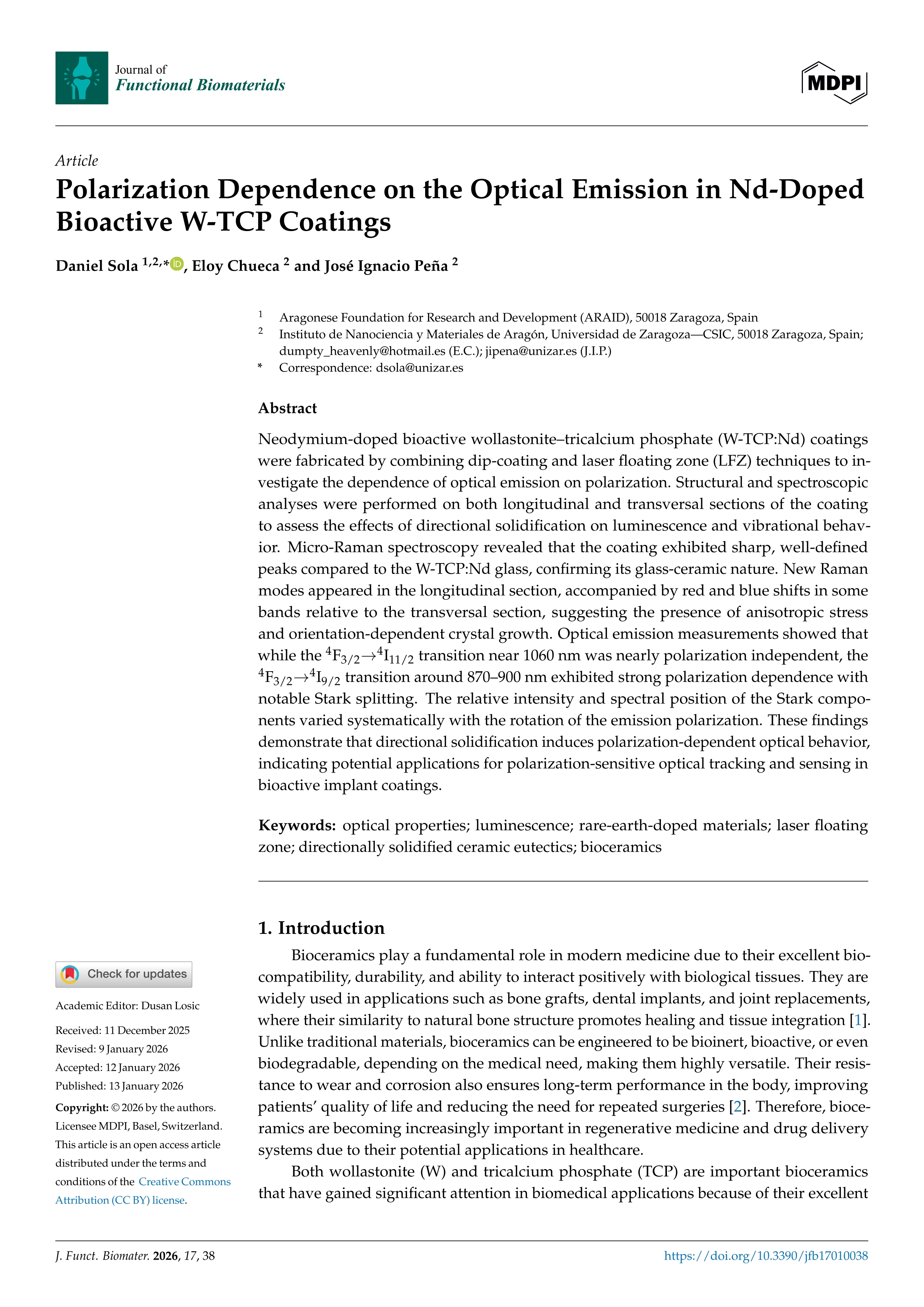 Polarization Dependence on the Optical Emission in Nd-Doped Bioactive W-TCP Coatings
