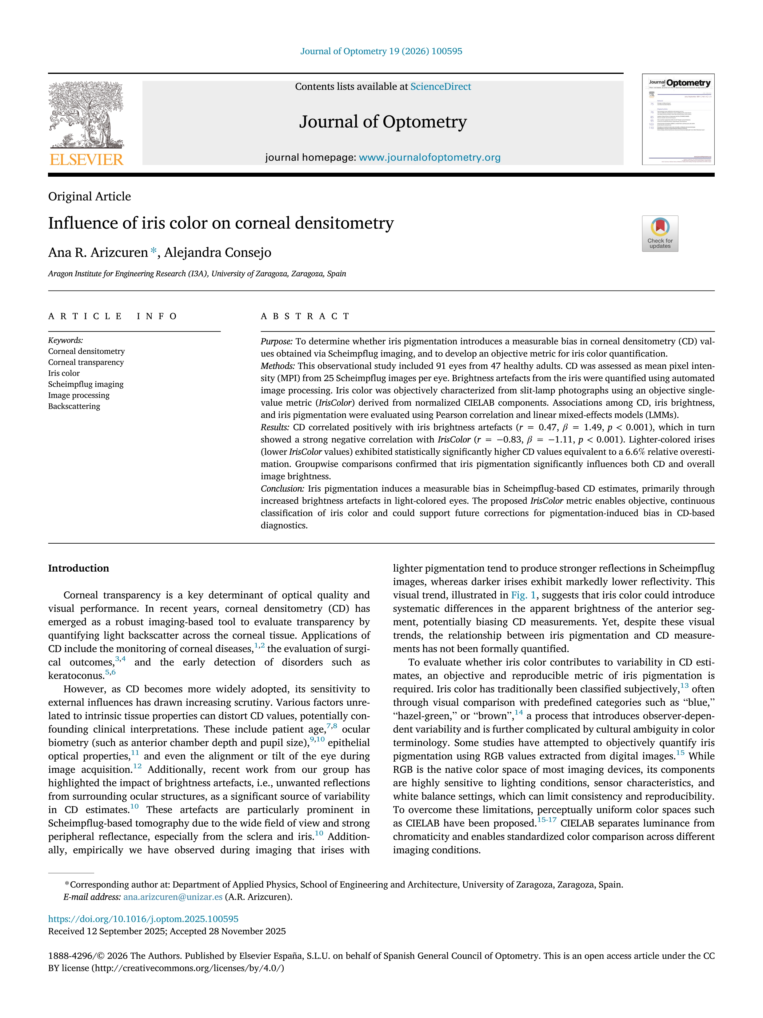 Influence of iris color on corneal densitometry