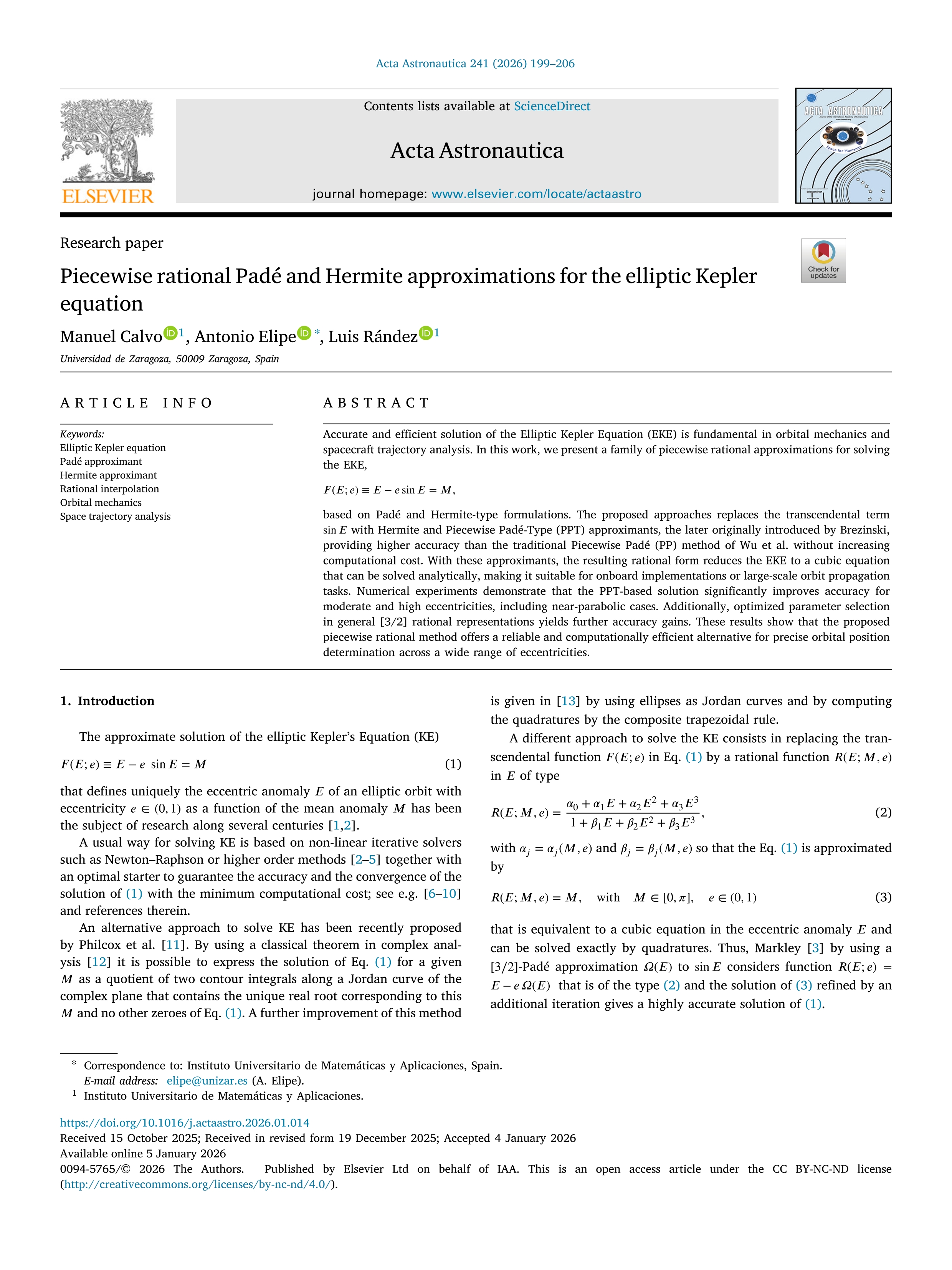 Piecewise rational Padé and Hermite approximations for the elliptic Kepler equation
