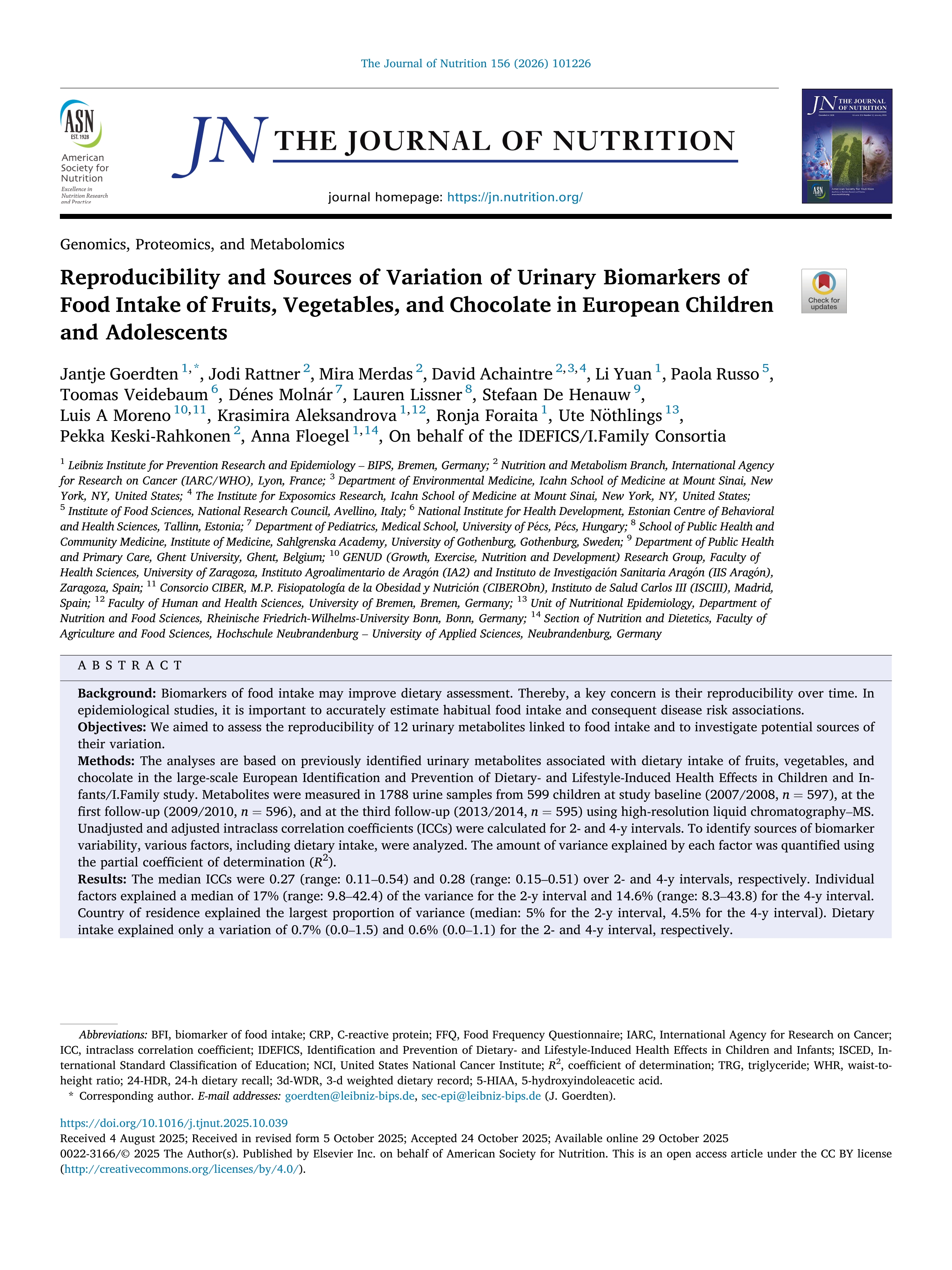 Reproducibility and sources of variation of urinary biomarkers of food intake of fruits, vegetables, and chocolate in european children and adolescents