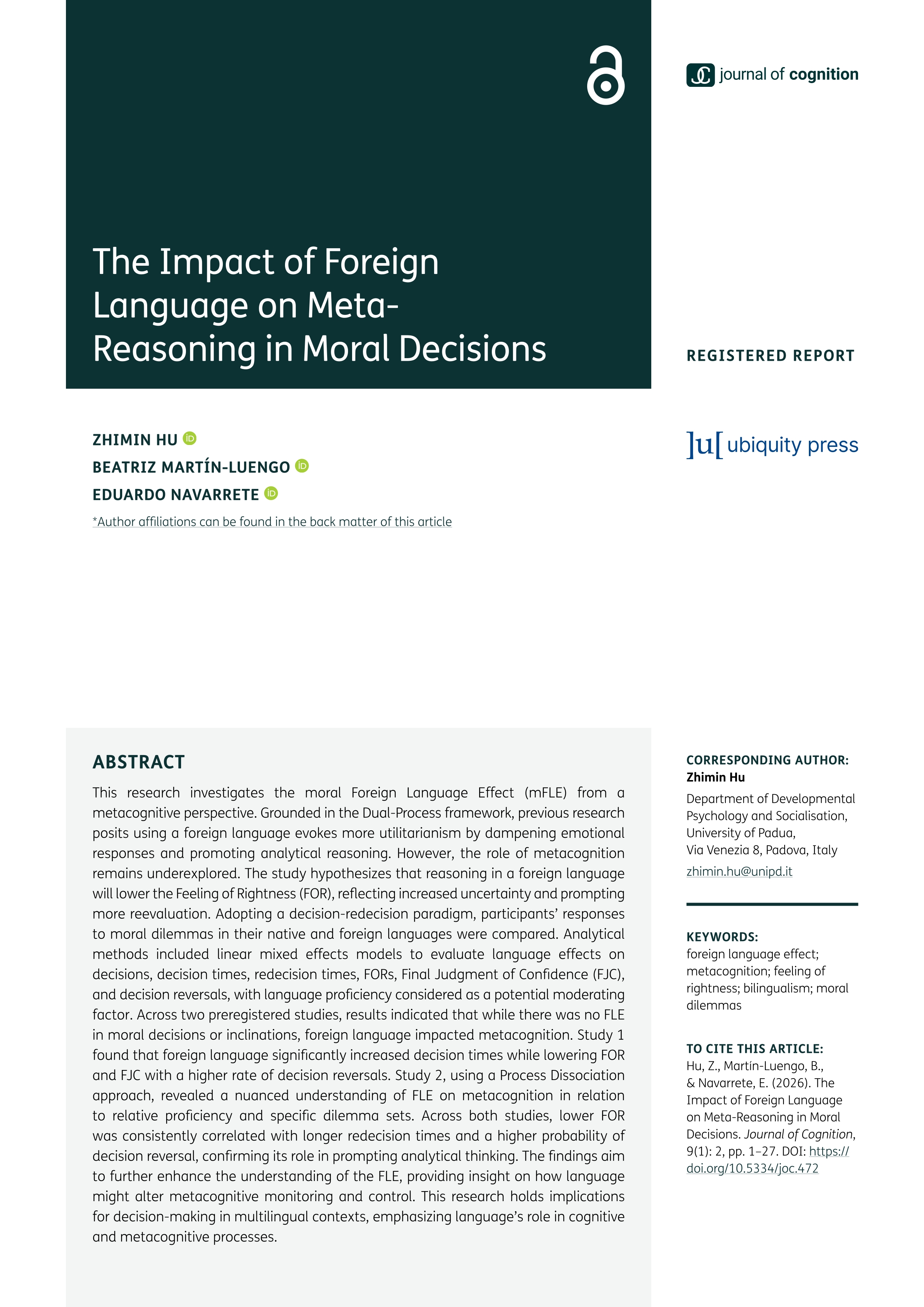The impact of foreign language on meta-reasoning in moral decisions