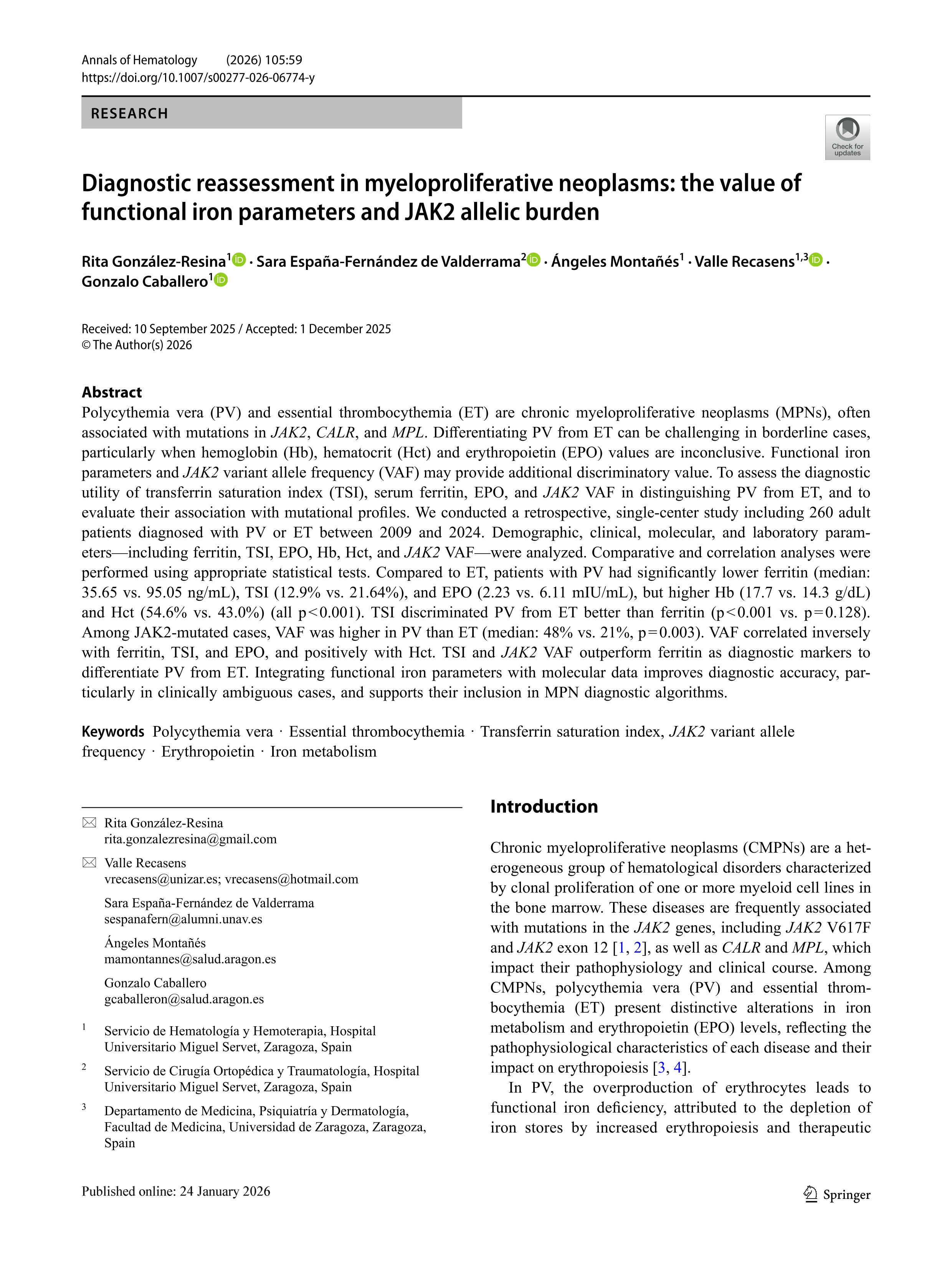 Diagnostic reassessment in myeloproliferative neoplasms: the value of functional iron parameters and JAK2 allelic burden