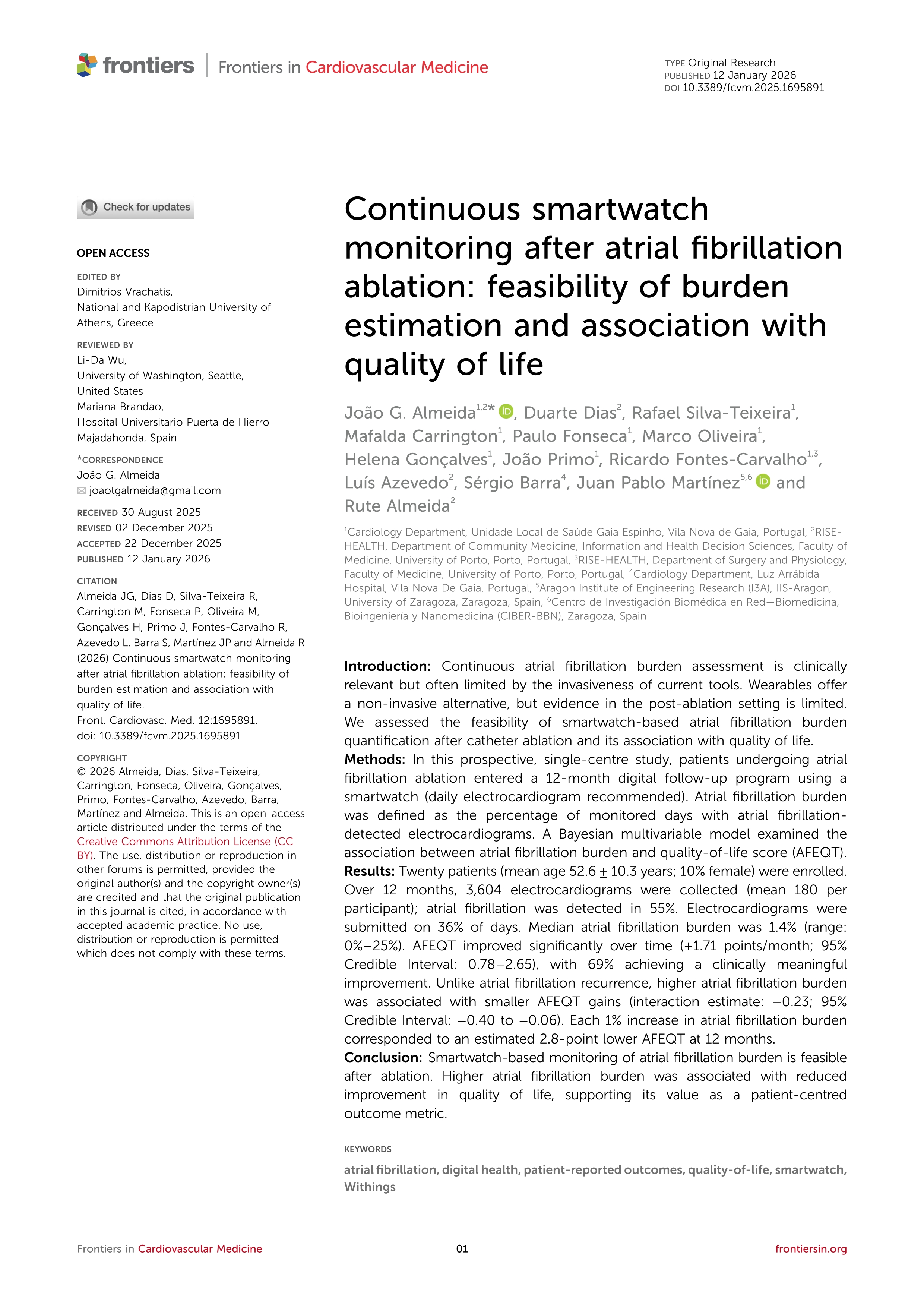 Continuous smartwatch monitoring after atrial fibrillation ablation: feasibility of burden estimation and association with quality of life