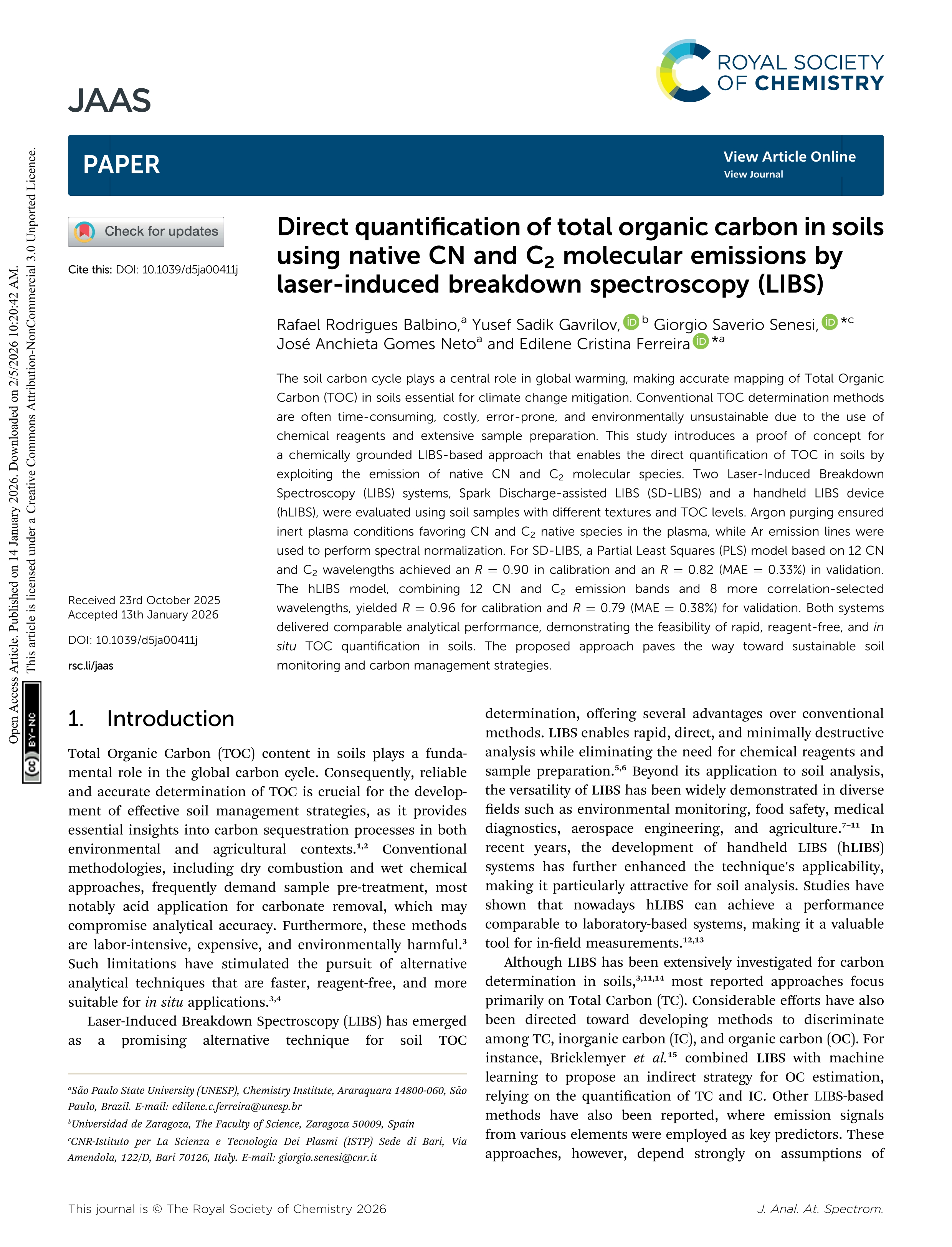 Direct quantification of total organic carbon in soils using native CN and C                    <sub>2</sub>                    molecular emissions by laser-induced breakdown spectroscopy (LIBS)